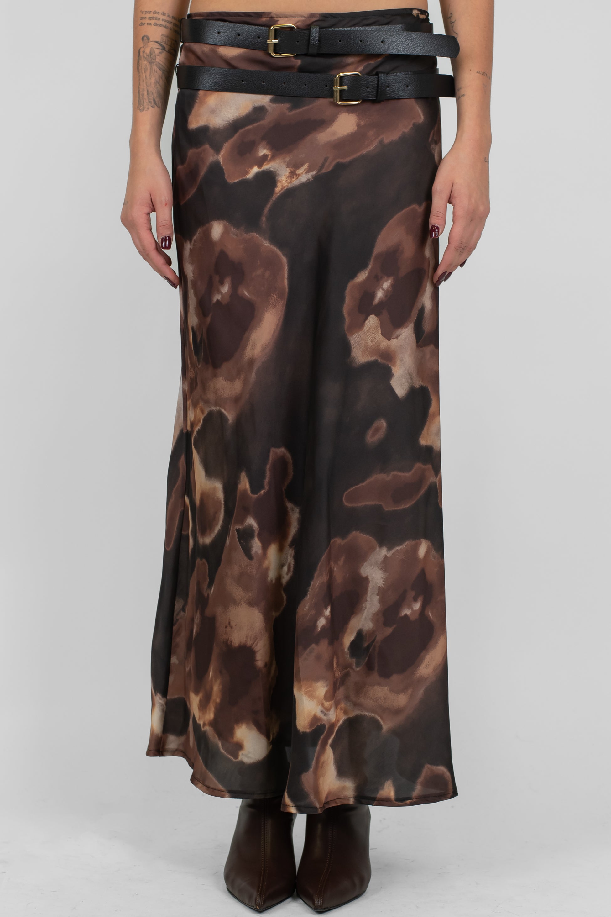 Haveone - Gonna in satin fantasia astratta con doppia cintura