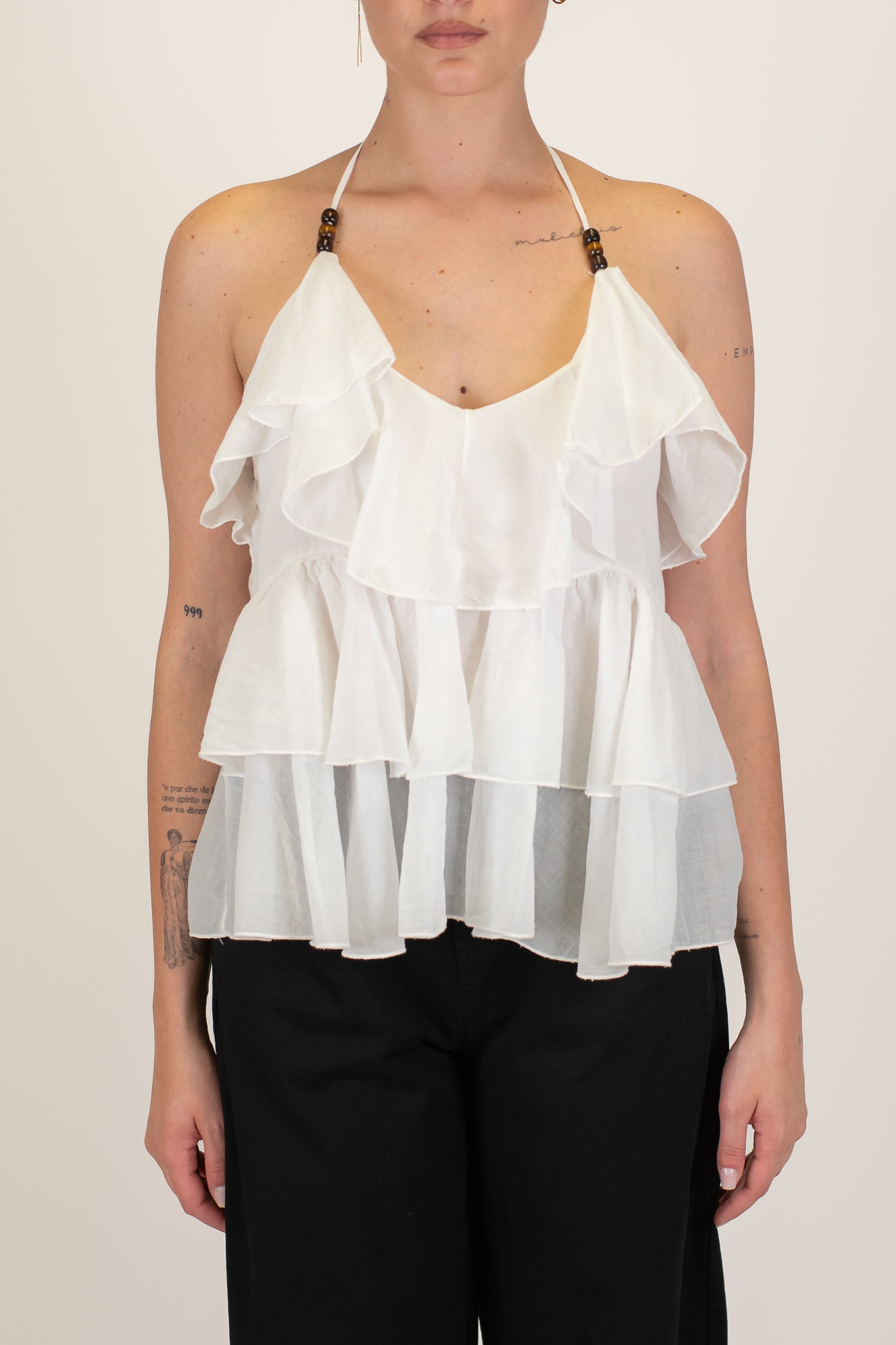 Motel - Top in mussola di cotone con volant e allaccio al collo