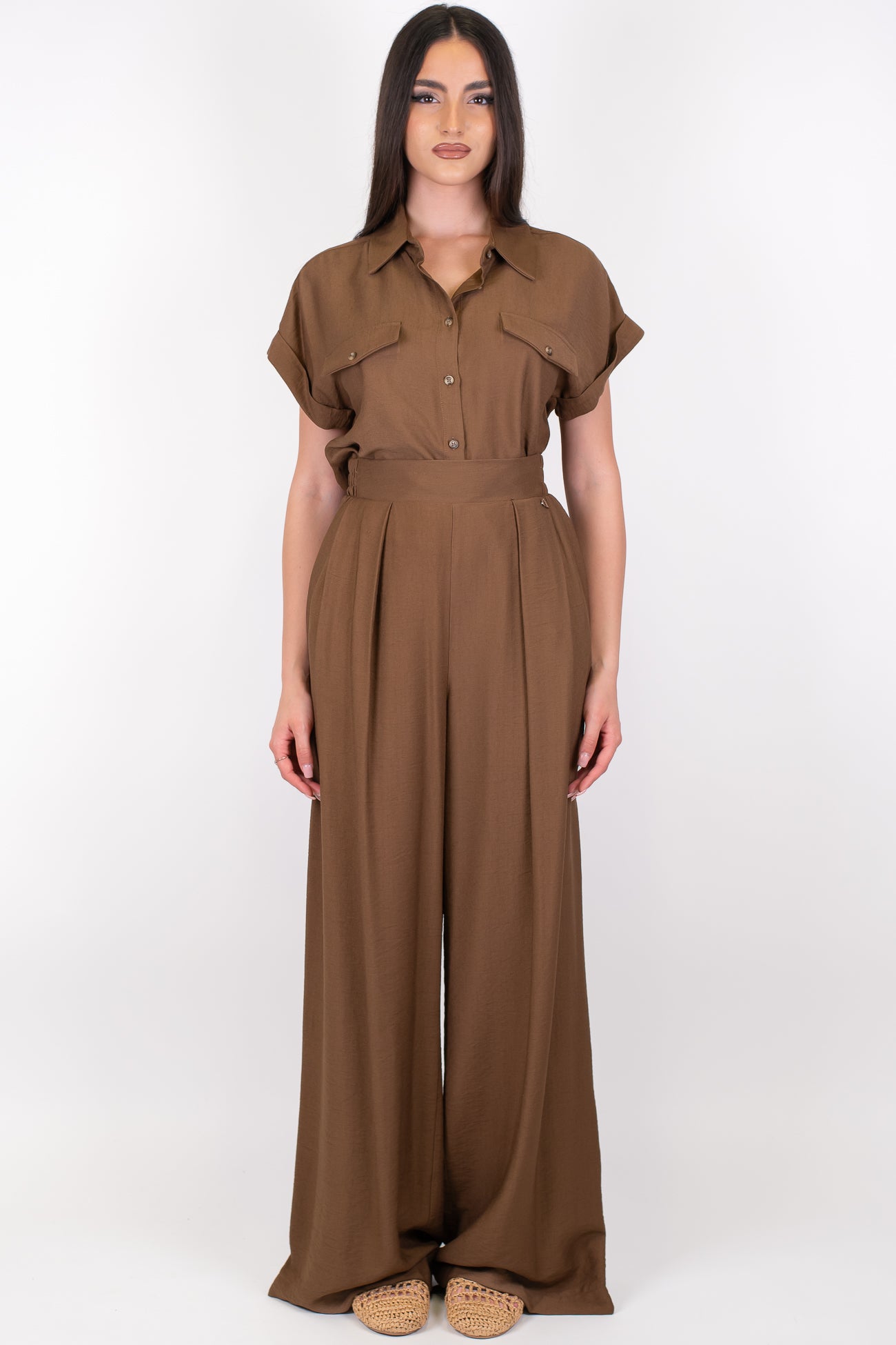 Dixie - Coordinato camicia mezzamanica e pantalone palazzo con elastico sul retro in viscosa leggera