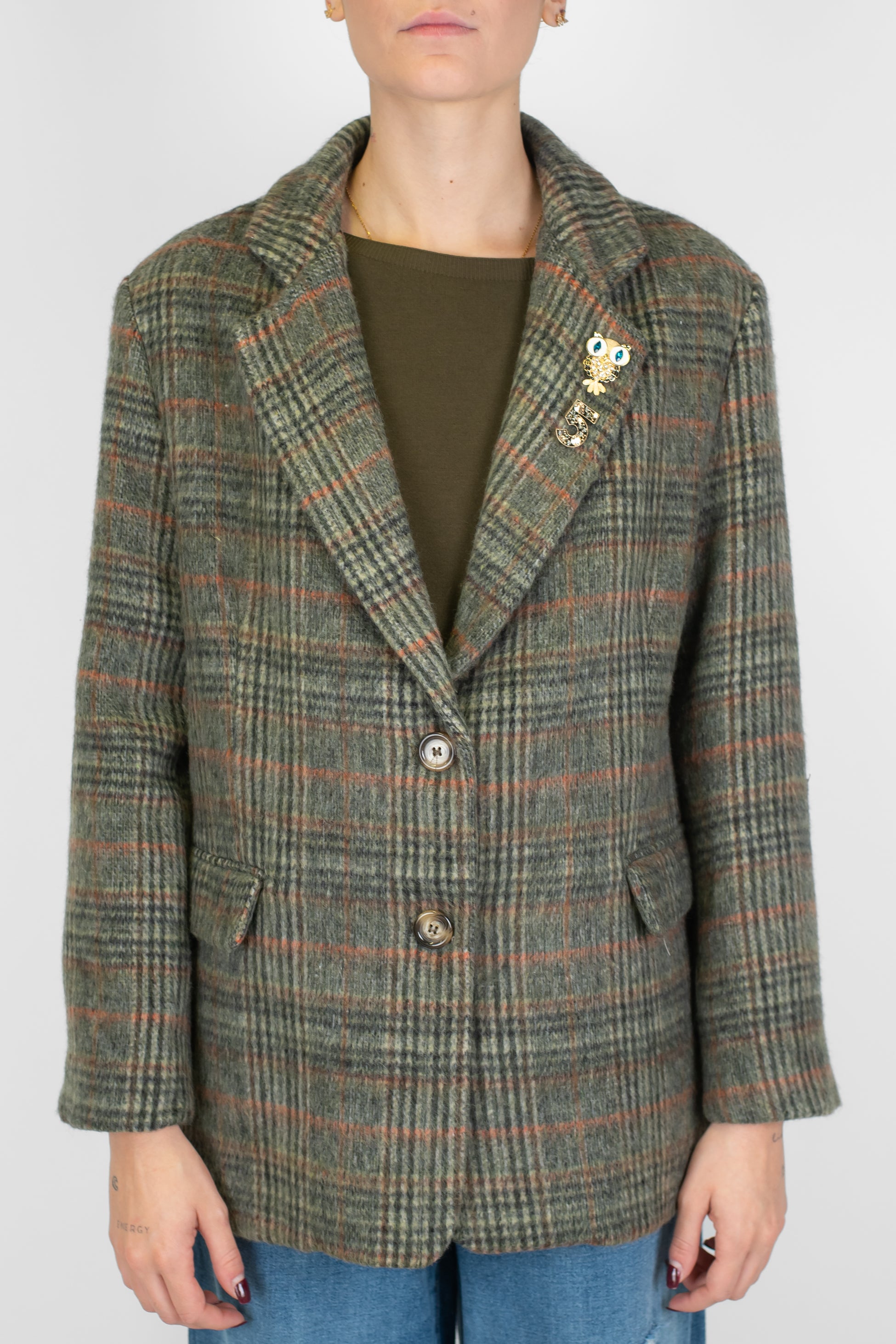 Dixie - Giacca fantasia principe di galles in misto lana con spille gioiello