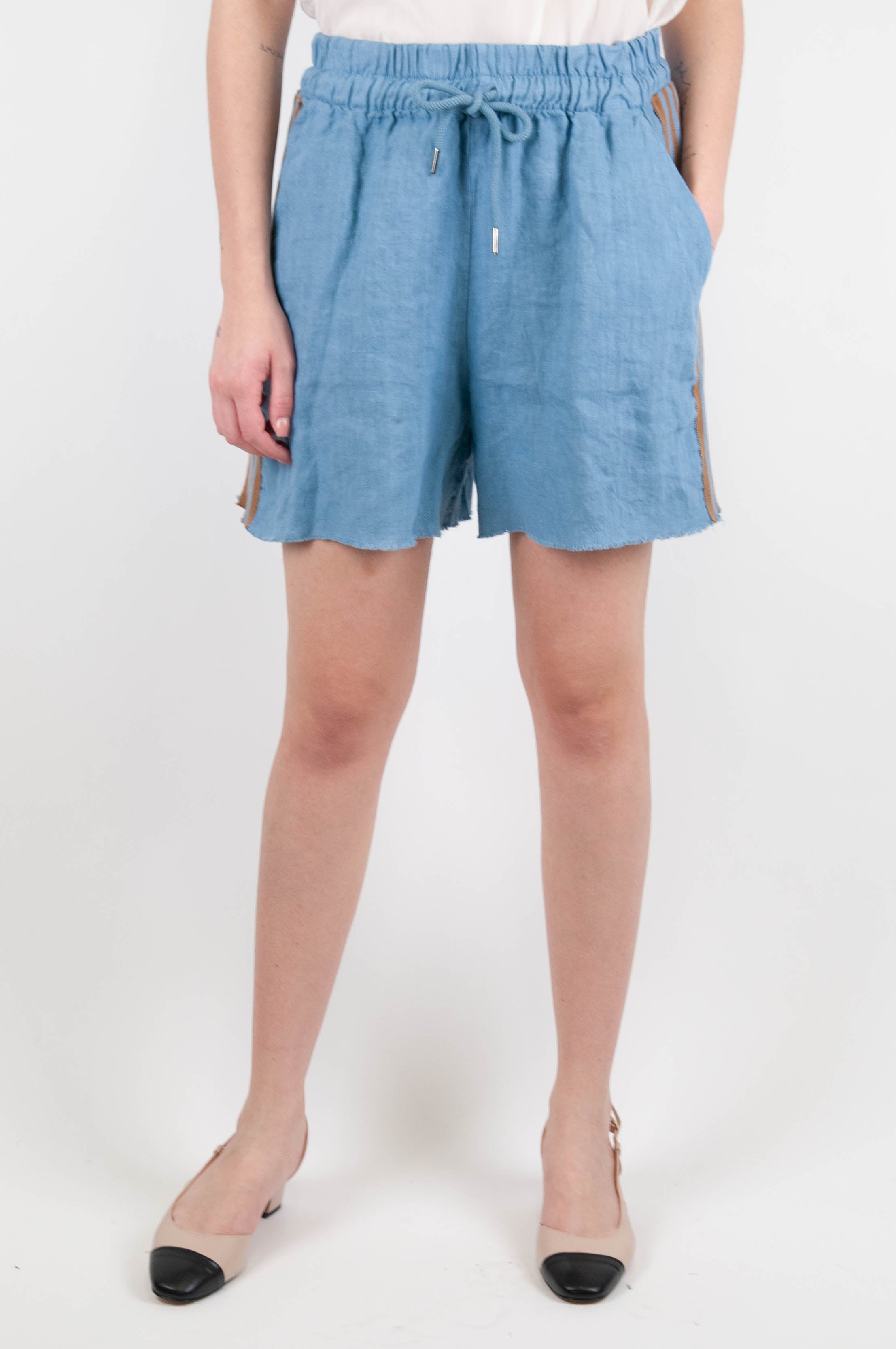 Motel - Linen shorts with drawstring and contrasting side band