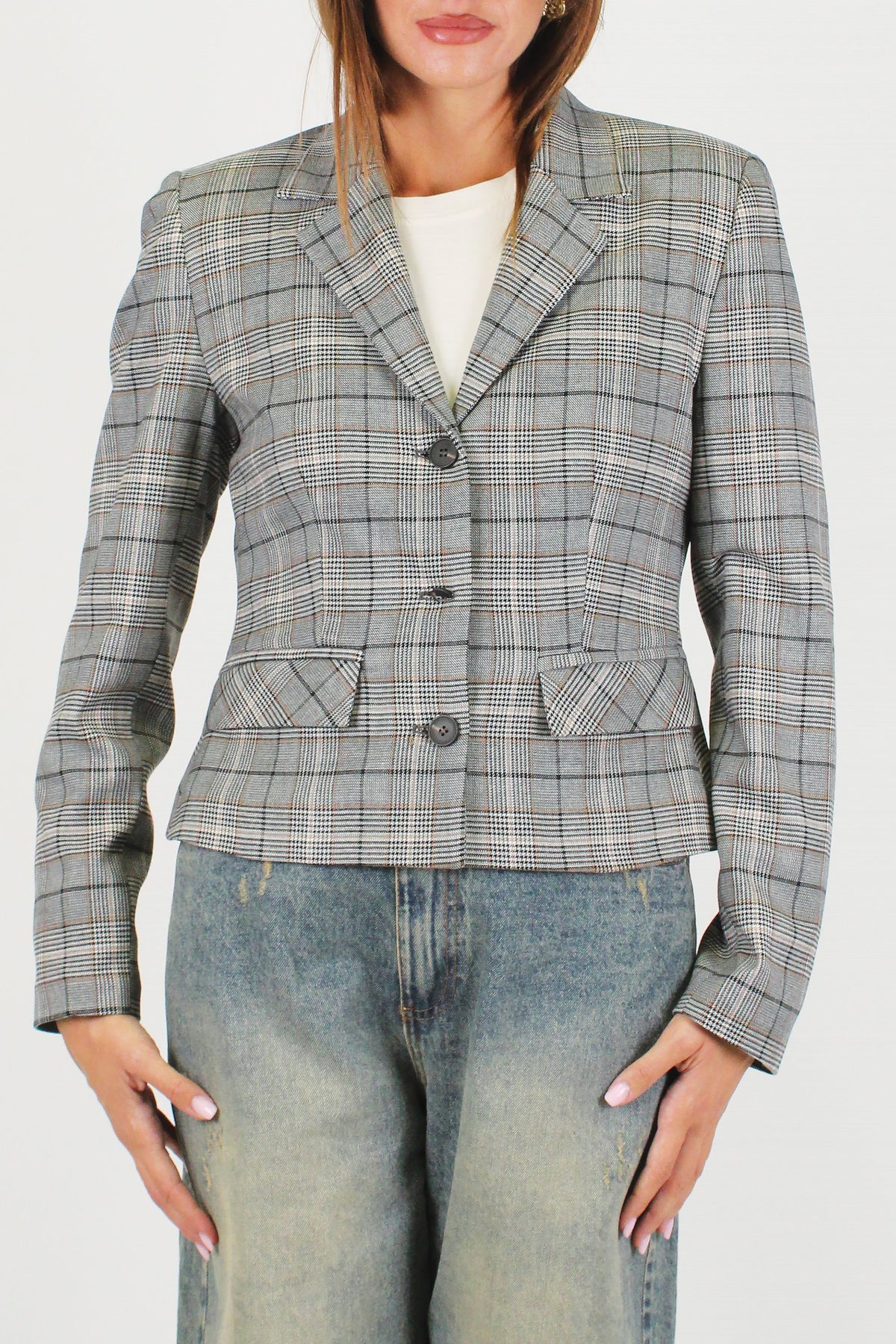 Tensione in - Giacca crop monopetto fantasia check