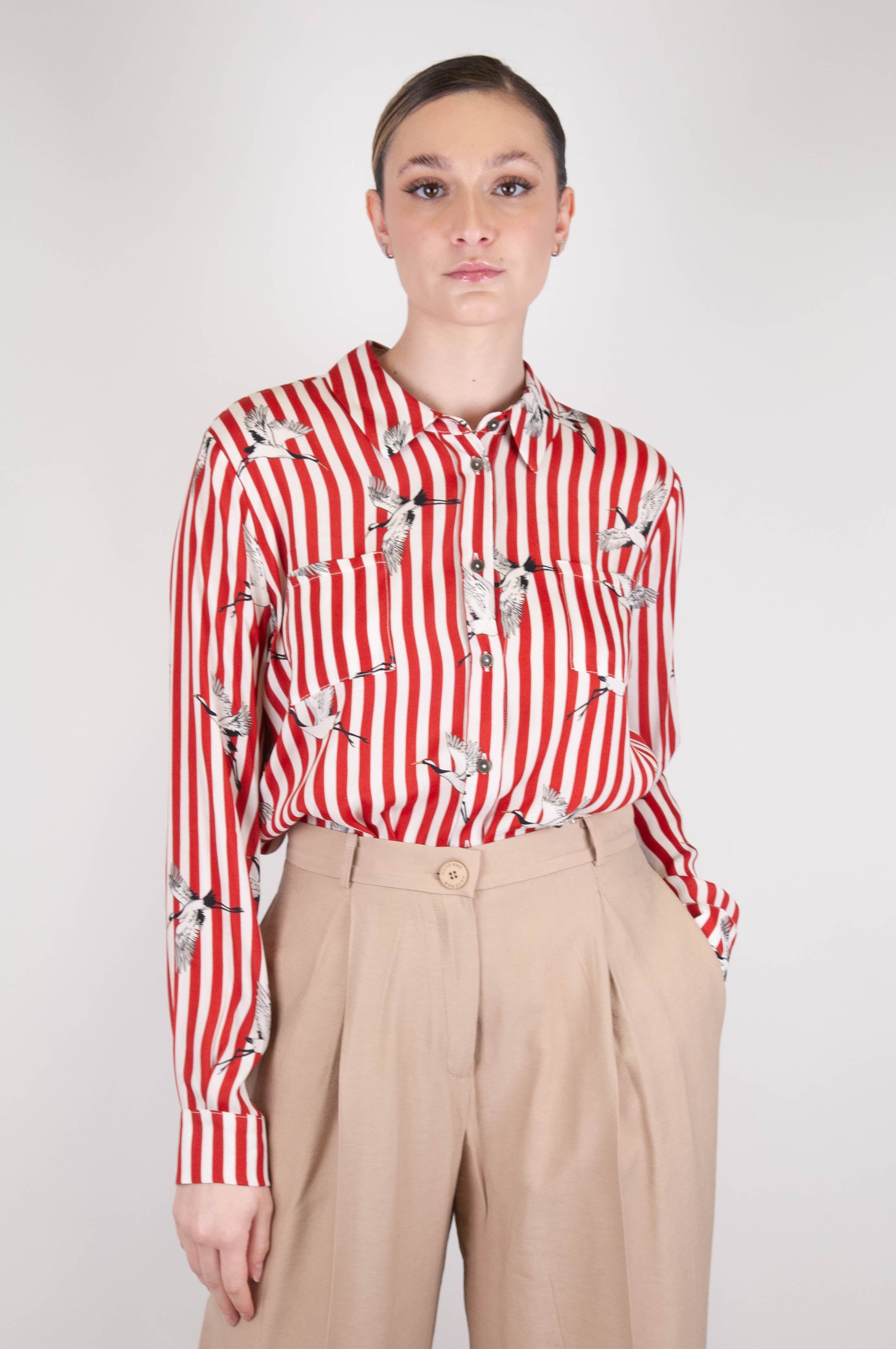 Tension in - Striped shirt with bird pattern in viscose