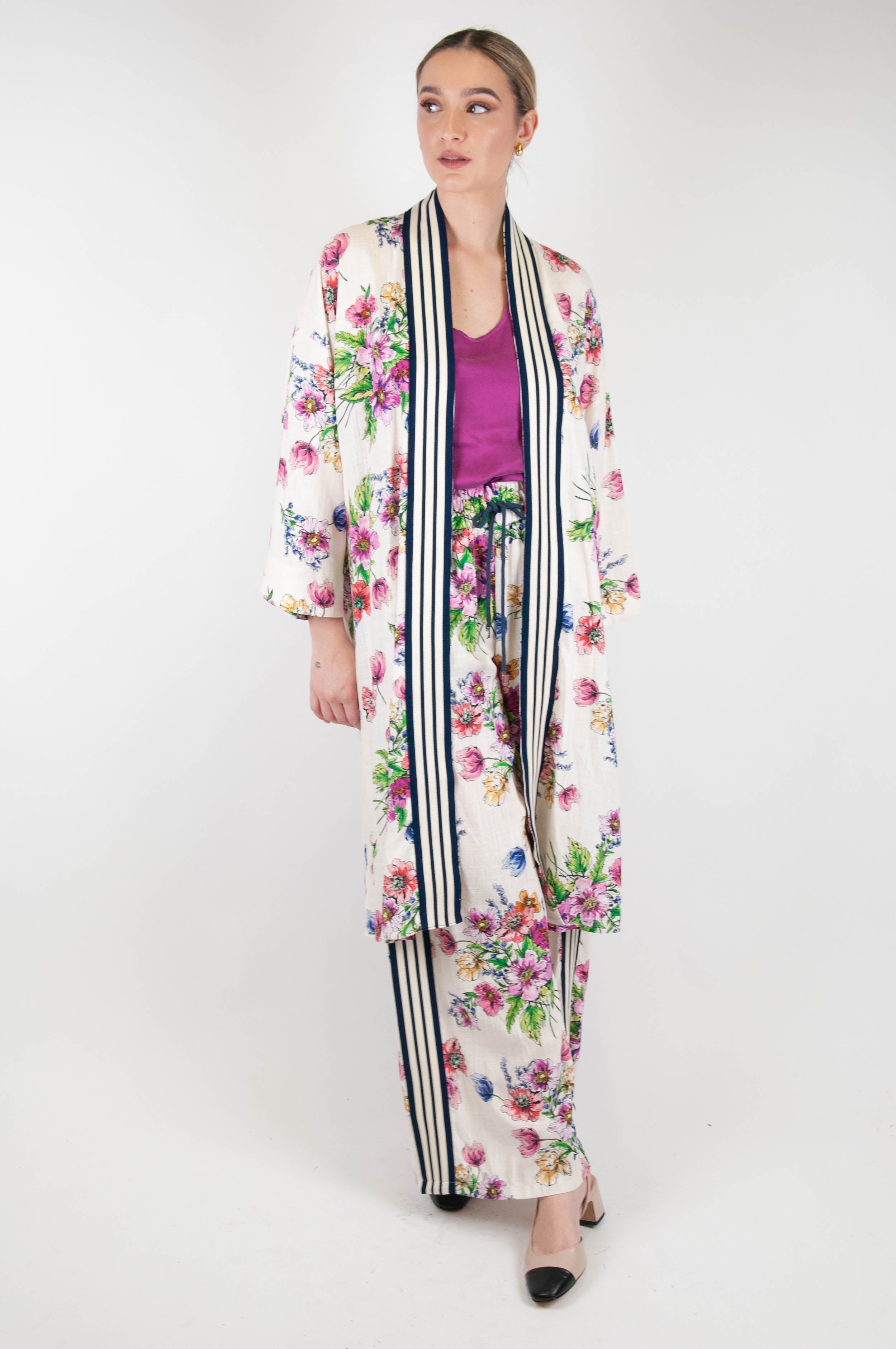 Motel - Floral patterned palazzo trousers in linen blend with drawstring and side band