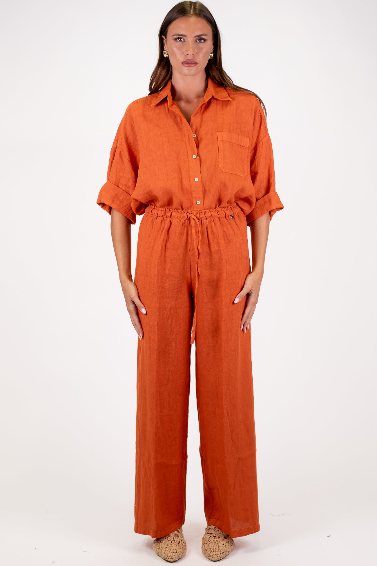Dixie - Coordinato in puro lino camicia con taschino e pantalone palazzo con coulisse