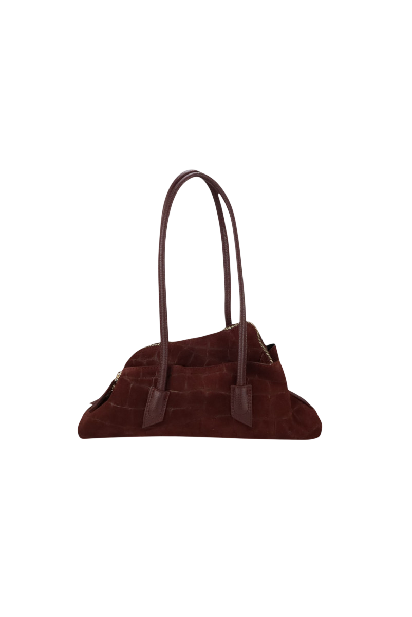 Borsa media trapezio in camoscio cocco con manici e tracolla