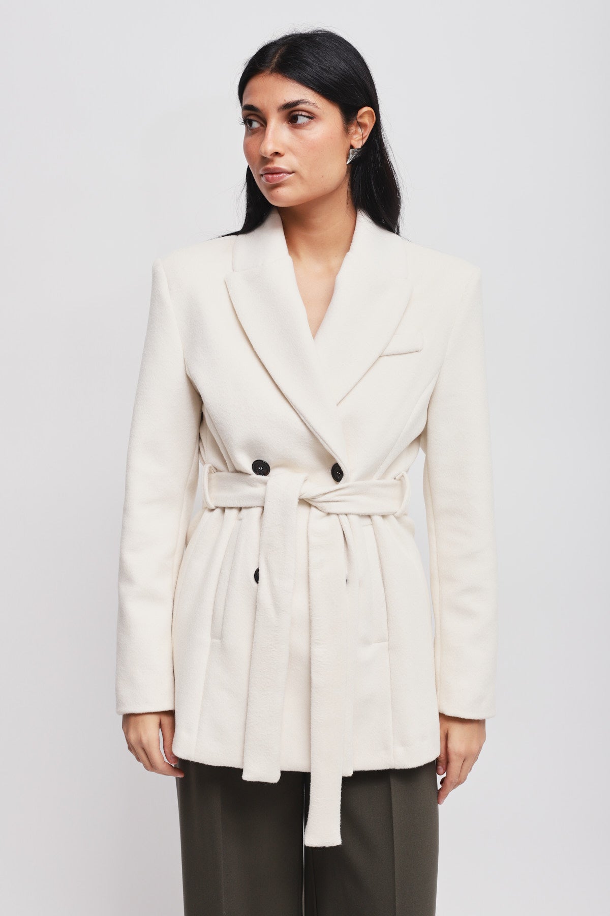 Maryley - Giacca doppiopetto tinta unita in misto lana con spalline e cintura in vita