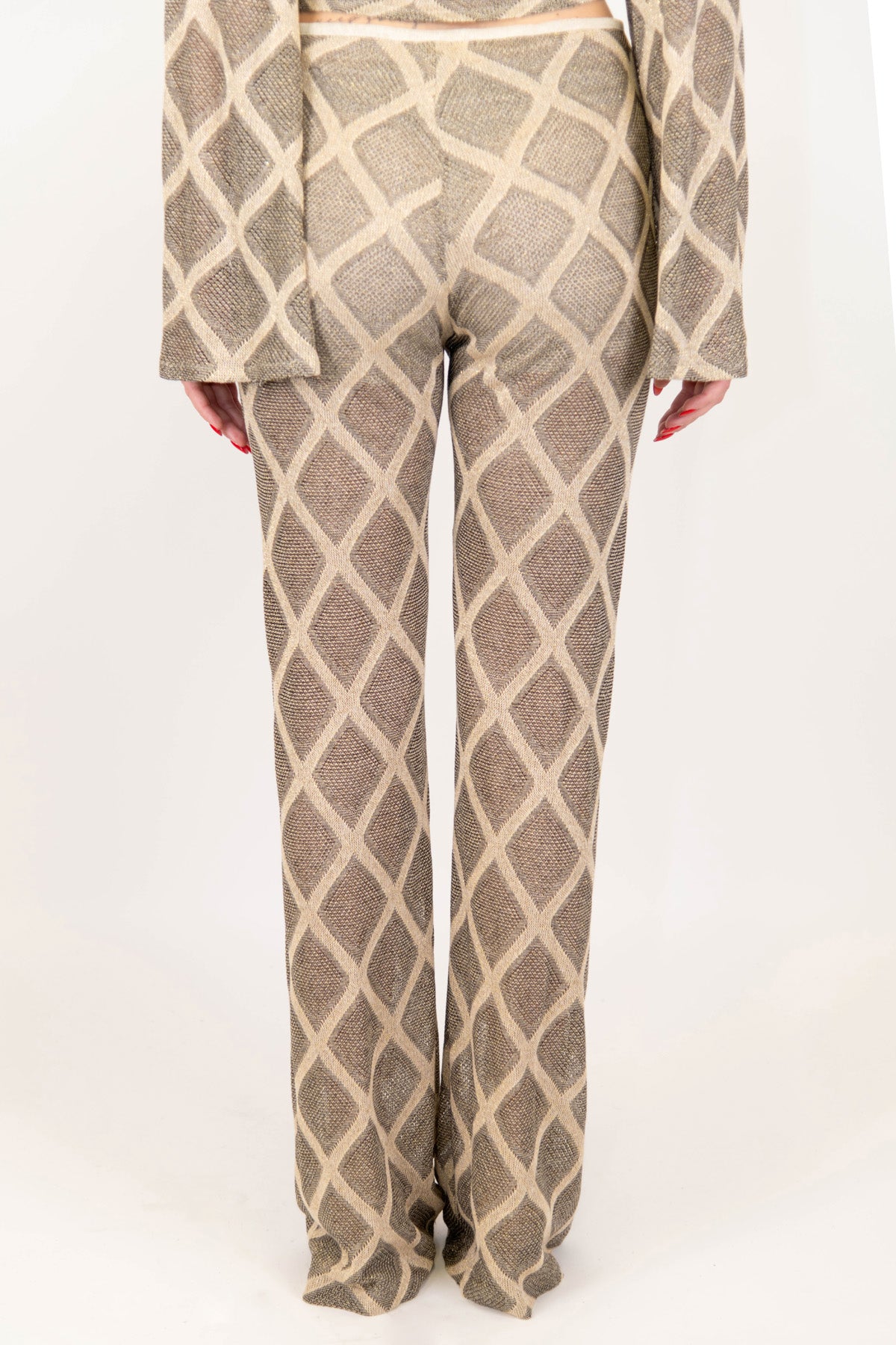 Haveone - Pantalone a zampa fantasia rombi in lurex con elastico in vita