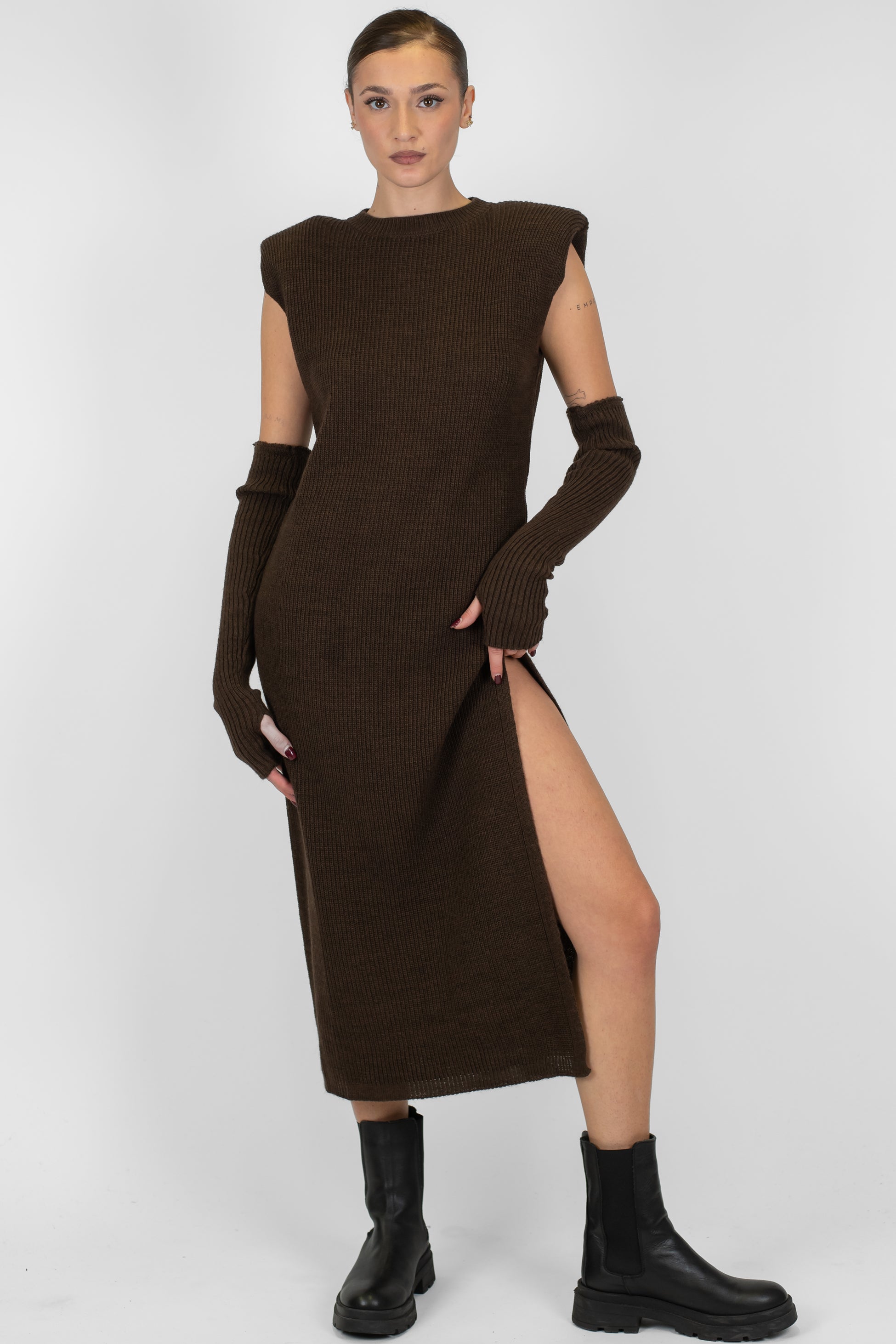 Maryley - Abito lungo giromaniche a costine in misto lana con manicotti