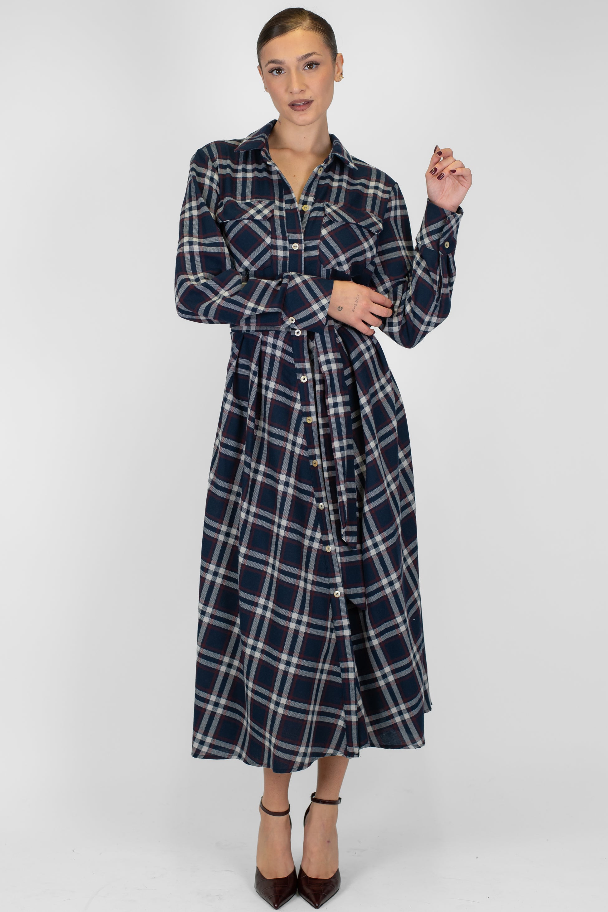 Tensione in - Chemisier fantasia quadro con cintura in tessuto