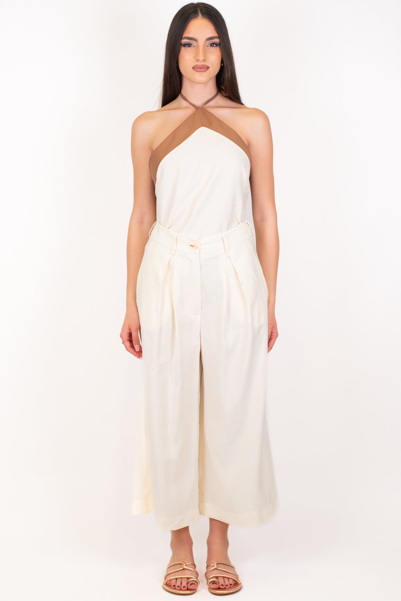 Haveone - Coordinato in viscosa con top scollo americano profilo a contrasto e pantalone crop con pinces