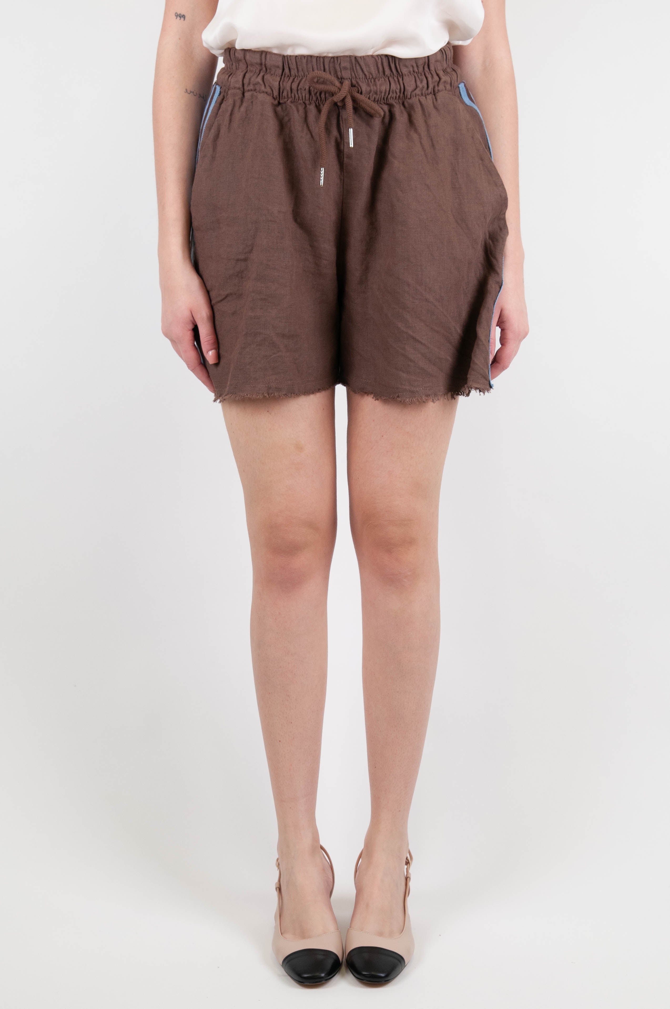 Motel - Linen shorts with drawstring and contrasting side band