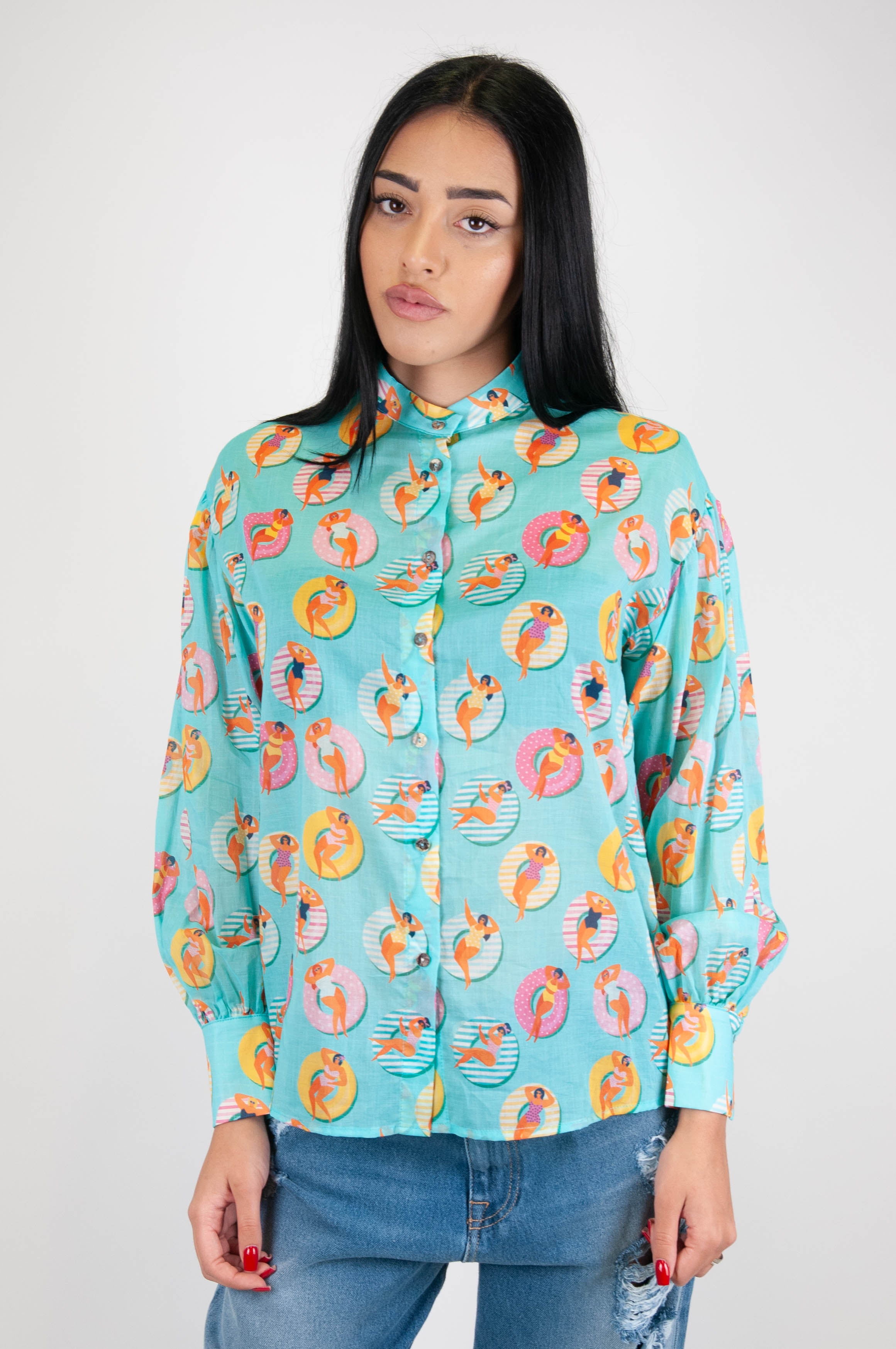 Souvenir - Mandarin collar shirt with swimming pool pattern in cotton muslin