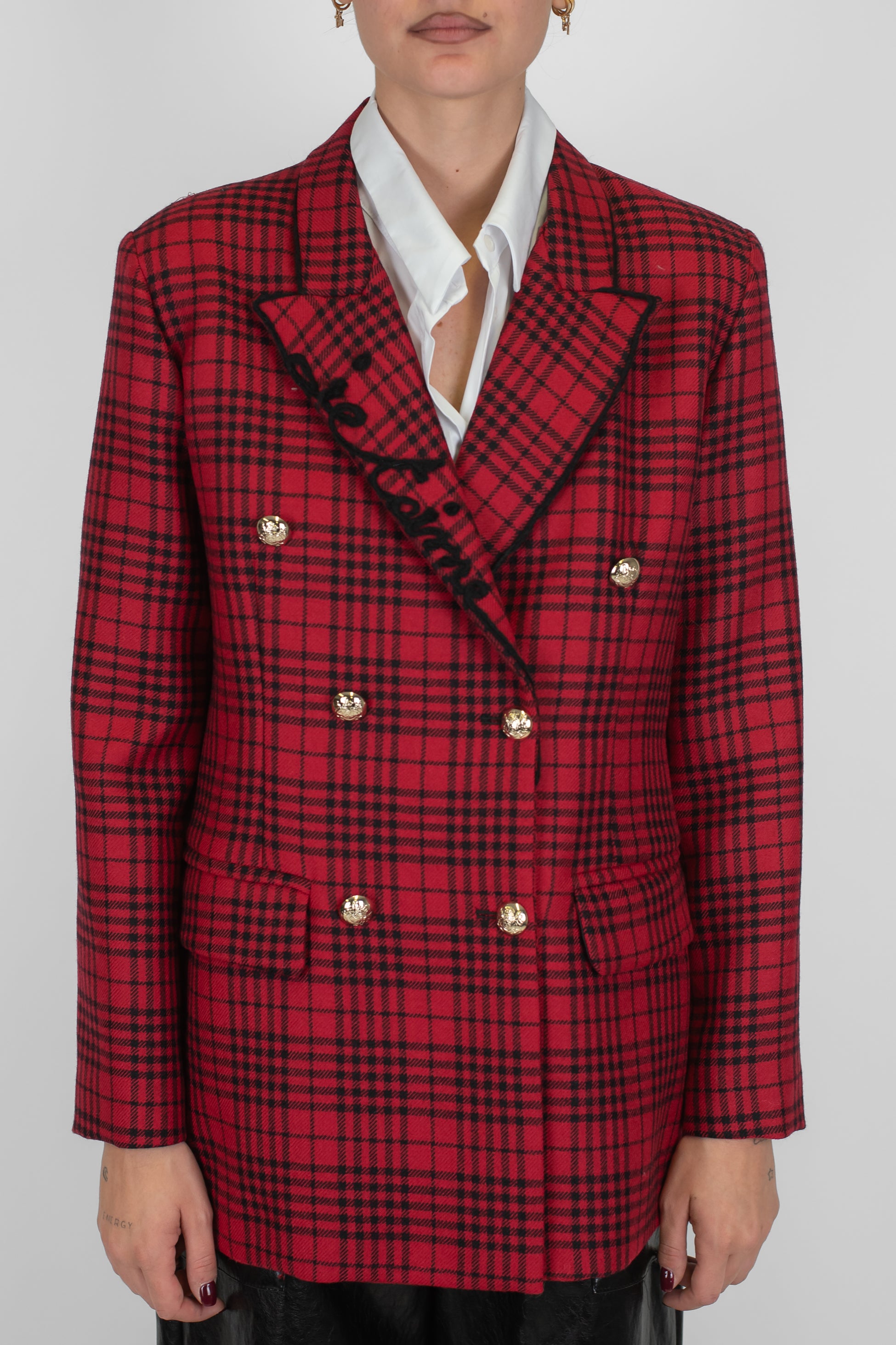 Tensione in - Blazer doppiopetto fantasia quadri in pura lana con profili e scritta ricamata a contrasto