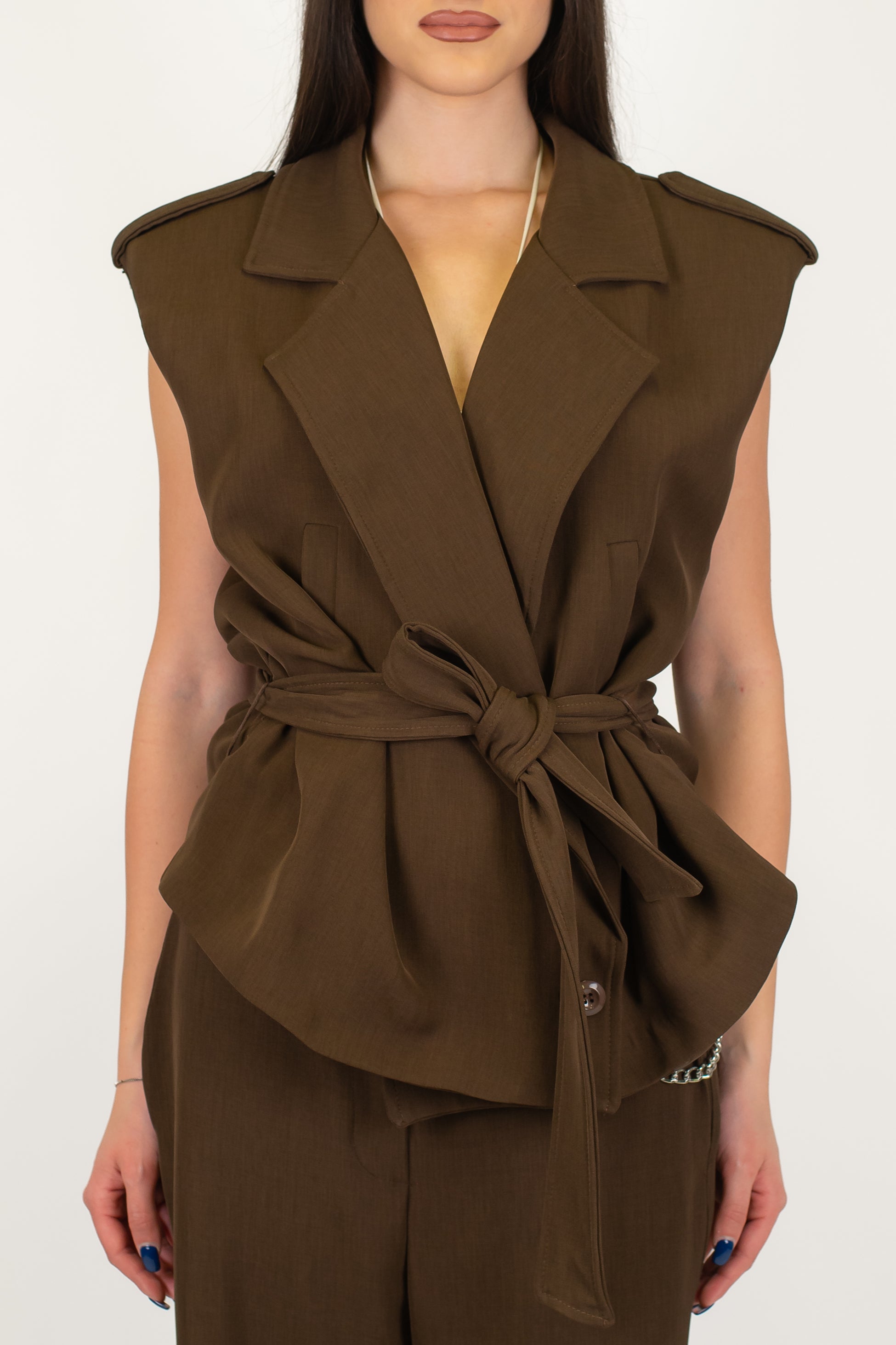 Haveone - Gilet lungo con cintura in tessuto