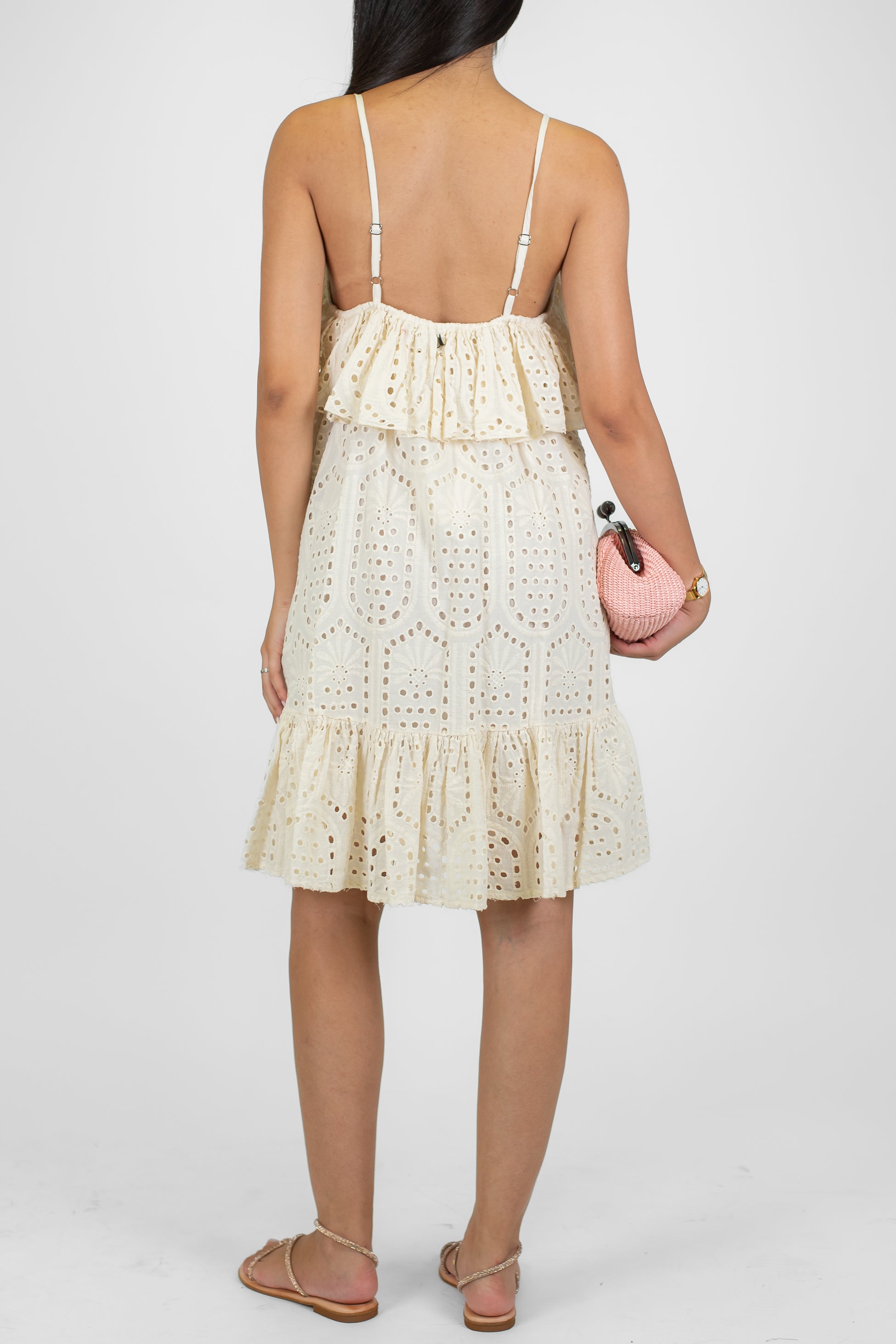 Dixie - Abito corto in pizzo sangallo con bretelle e balze