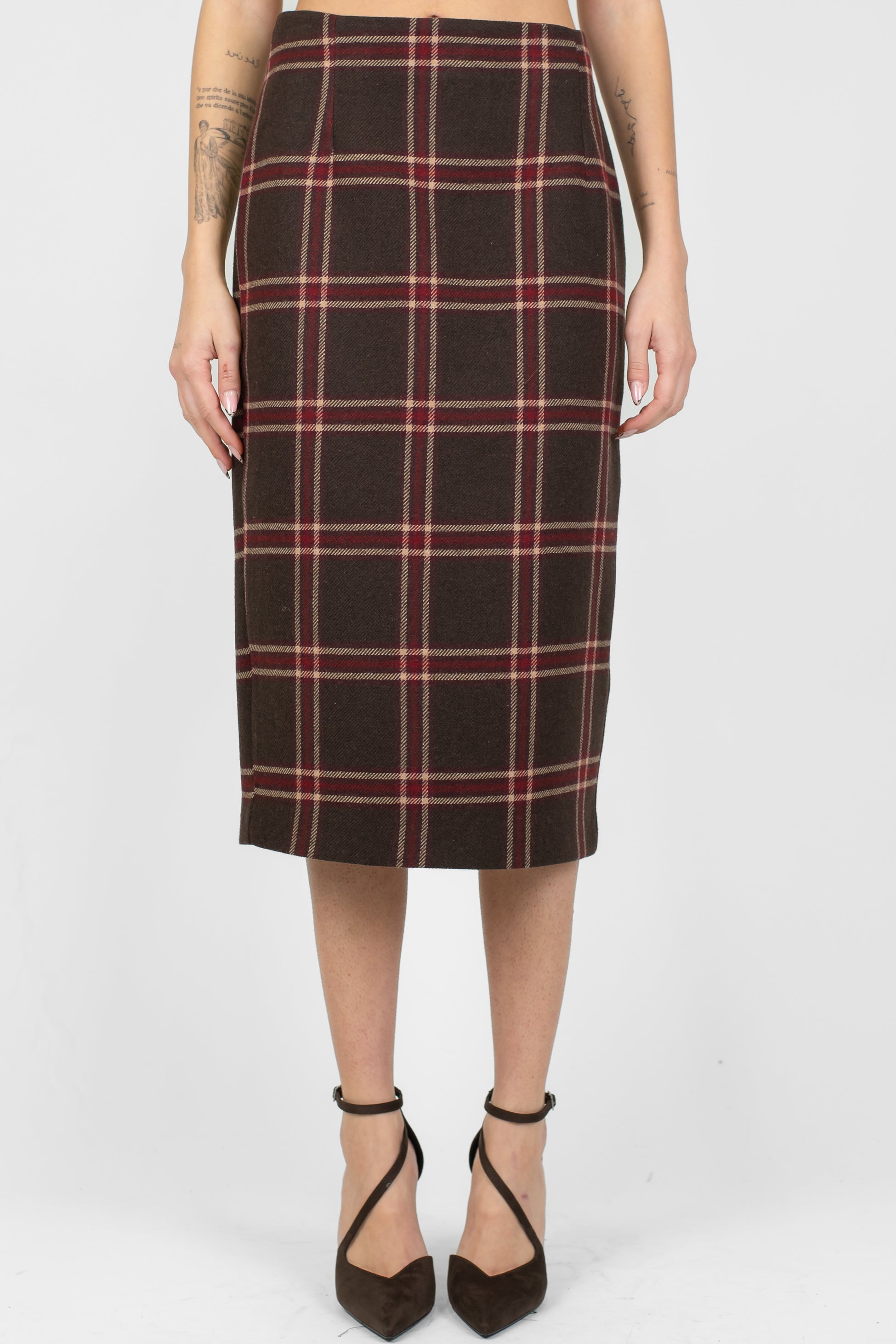 Tensione in - Gonna fantasia check in misto lana con spacco e chiusura con zip sul retro