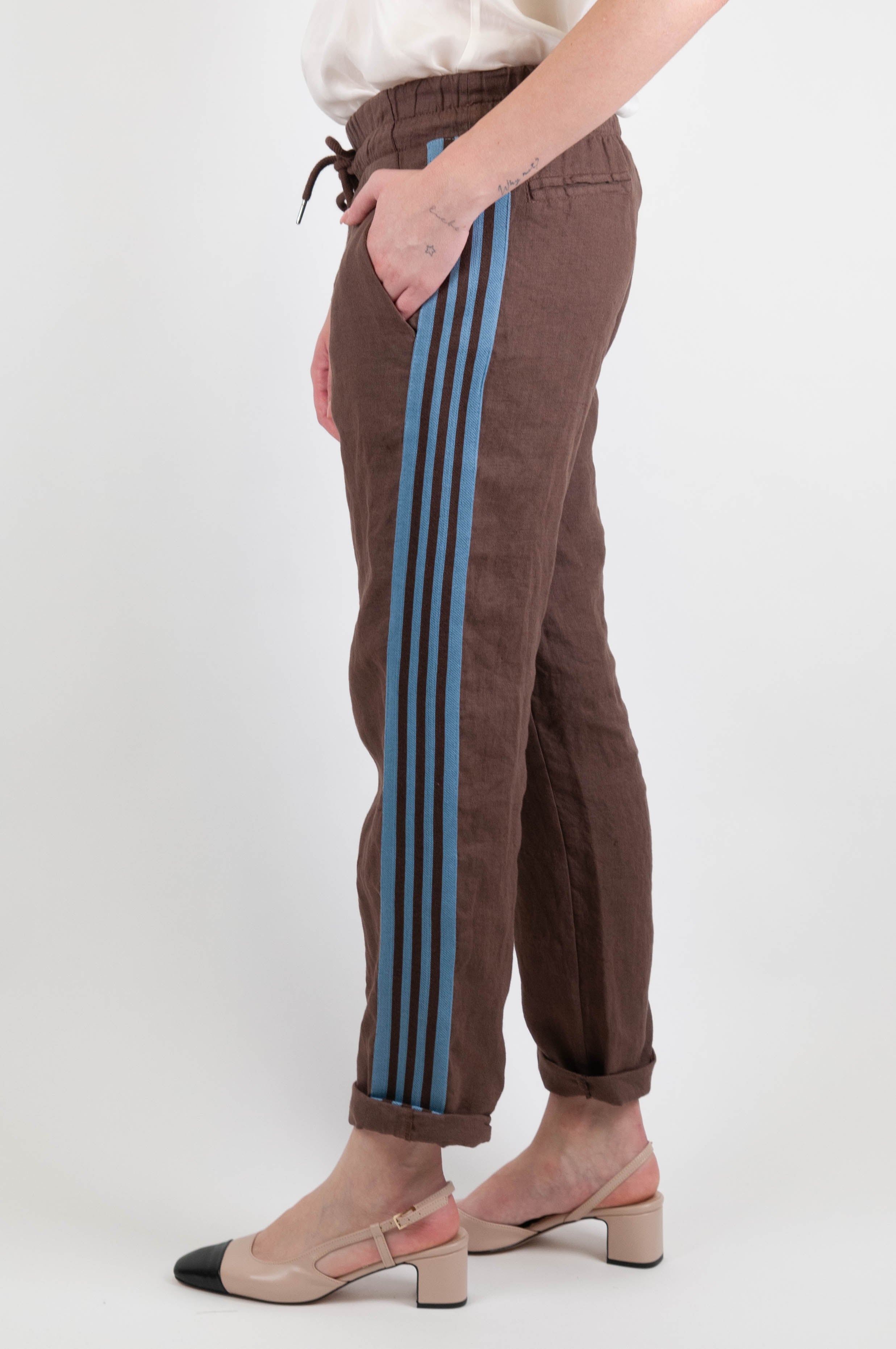 Motel - Linen trousers with drawstring and contrasting side band