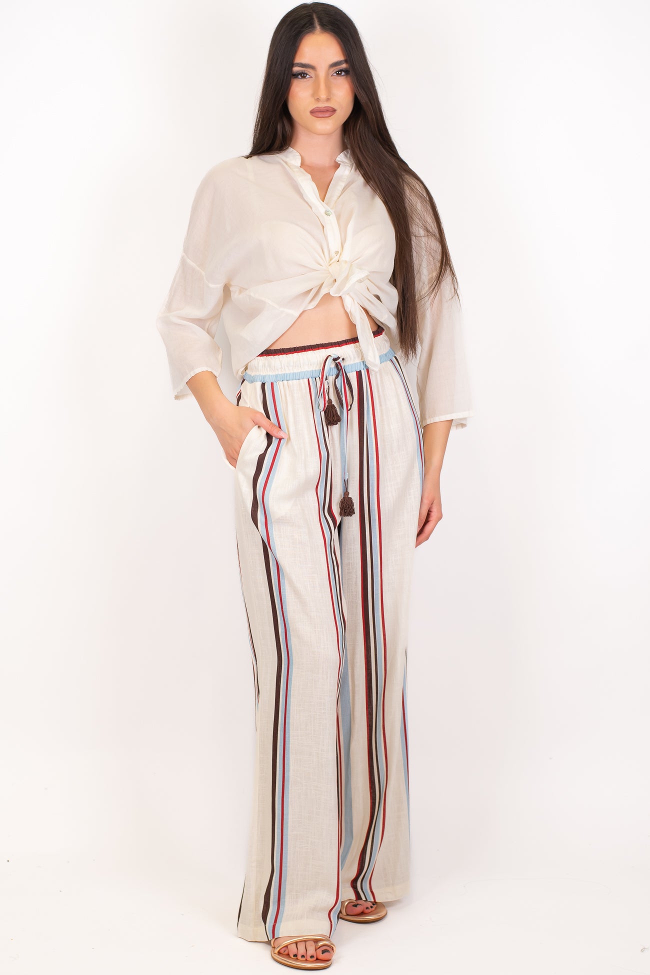 Tensione in - Pantalone palazzo fantasia righe a contrasto in misto lino con coulisse