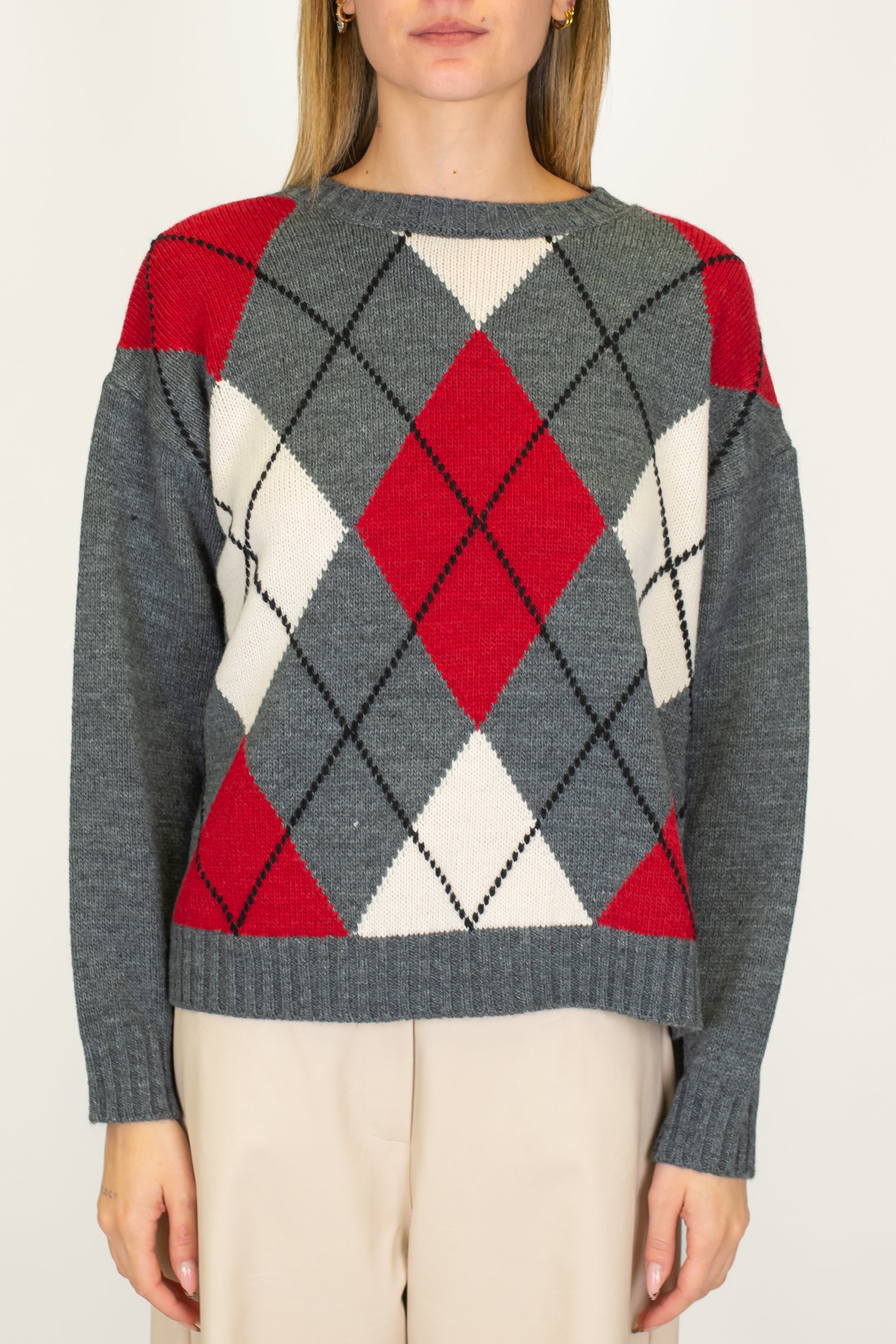 Haveone - Maglia girocollo fantasia rombi a contrasto in misto lana