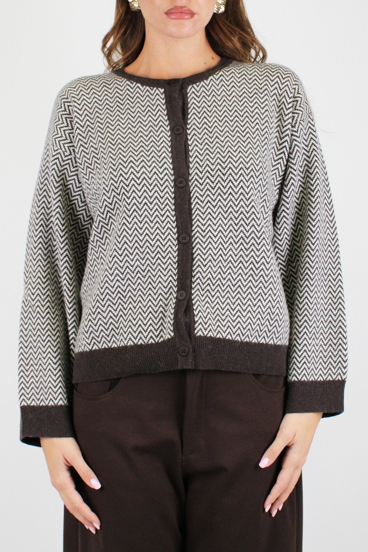 Maryley - Cardigan girocollo fantasia zig zag in misto lana e cashmere