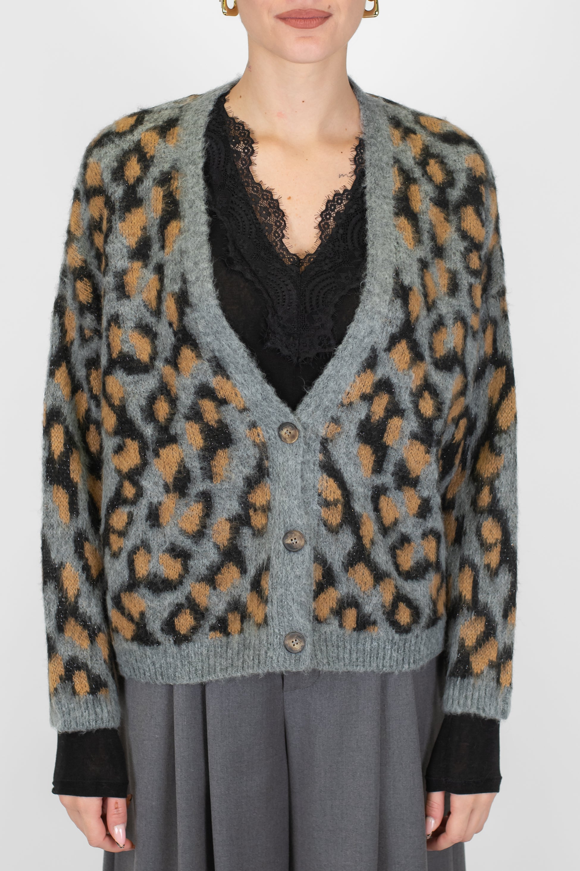 Haveone - Cardigan tre bottoni fantasia animalier in misto lana