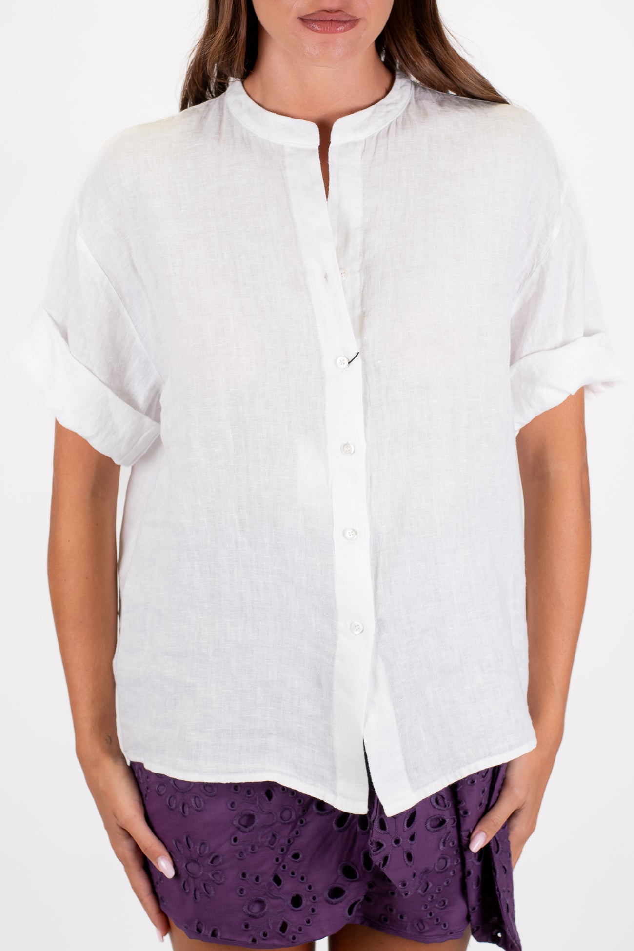 Dixie - Camicia mezzamanica in puro lino con collo coreano