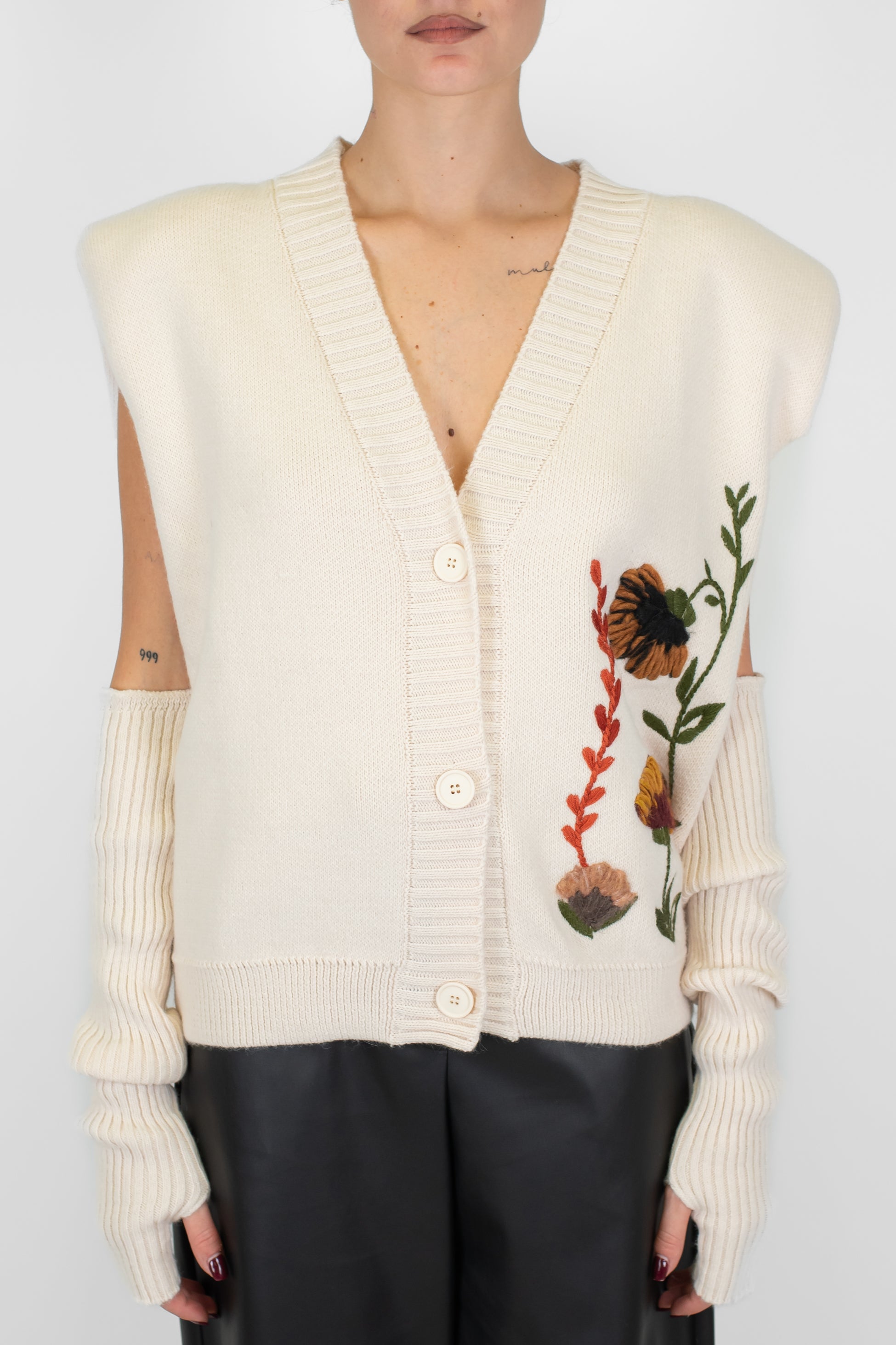 Maryley - Gilet over con spalline in misto lana con applicazioni e manicotti