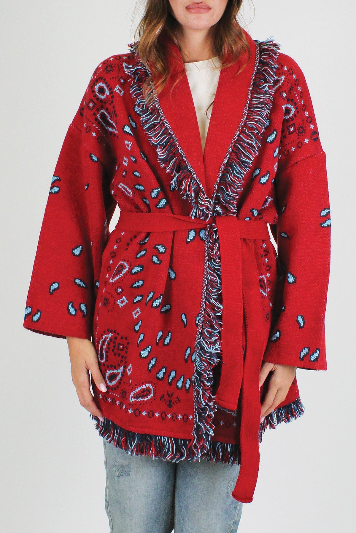 Tensione in - Cardigan fantasia bandana in misto lana con profilo frange e chiusura con cintura in tessuto