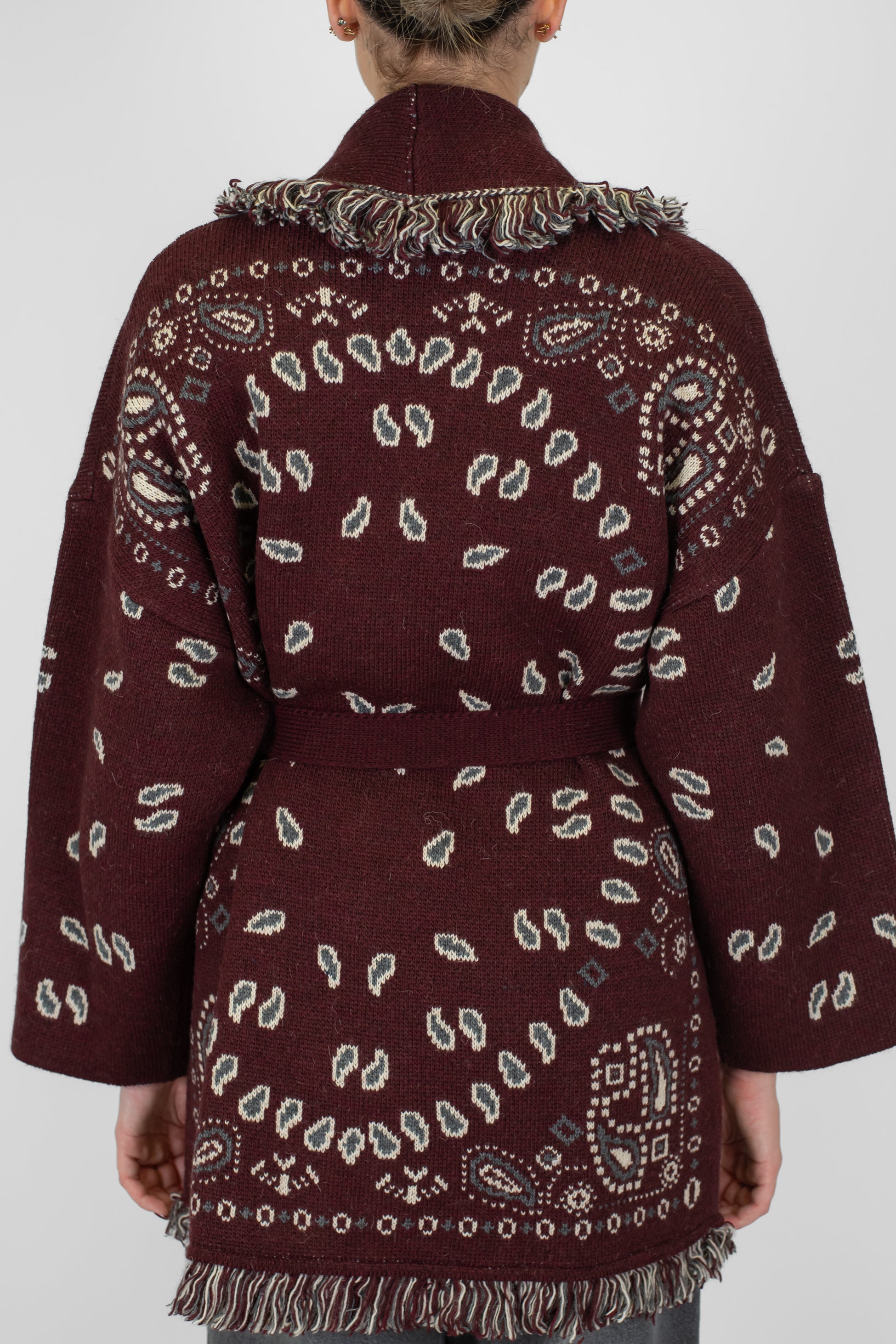 Tensione in - Cardigan in misto lana fantasia bandana con frange