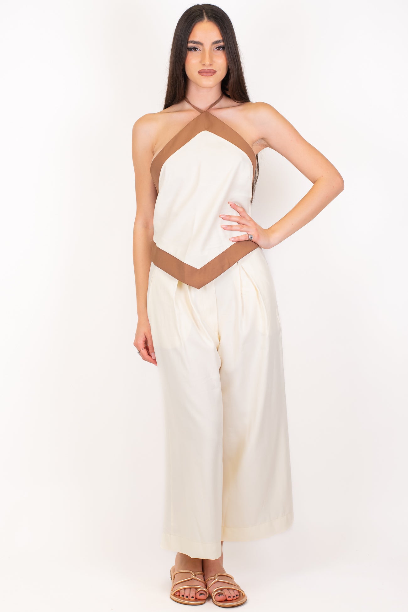 Haveone - Coordinato in viscosa con top scollo americano profilo a contrasto e pantalone crop con pinces
