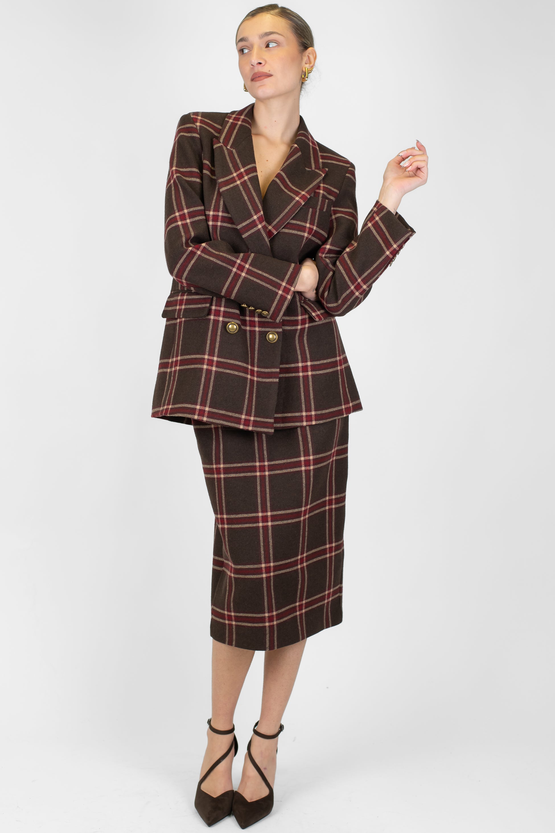 Tensione in - Gonna fantasia check in misto lana con spacco e chiusura con zip sul retro