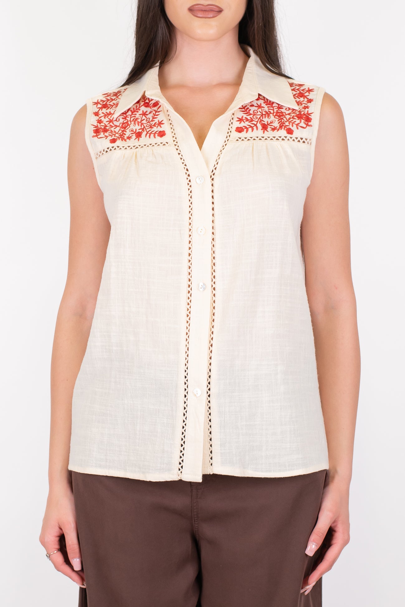 Souvenir - Camicia giromaniche con ricami floreali a contrasto