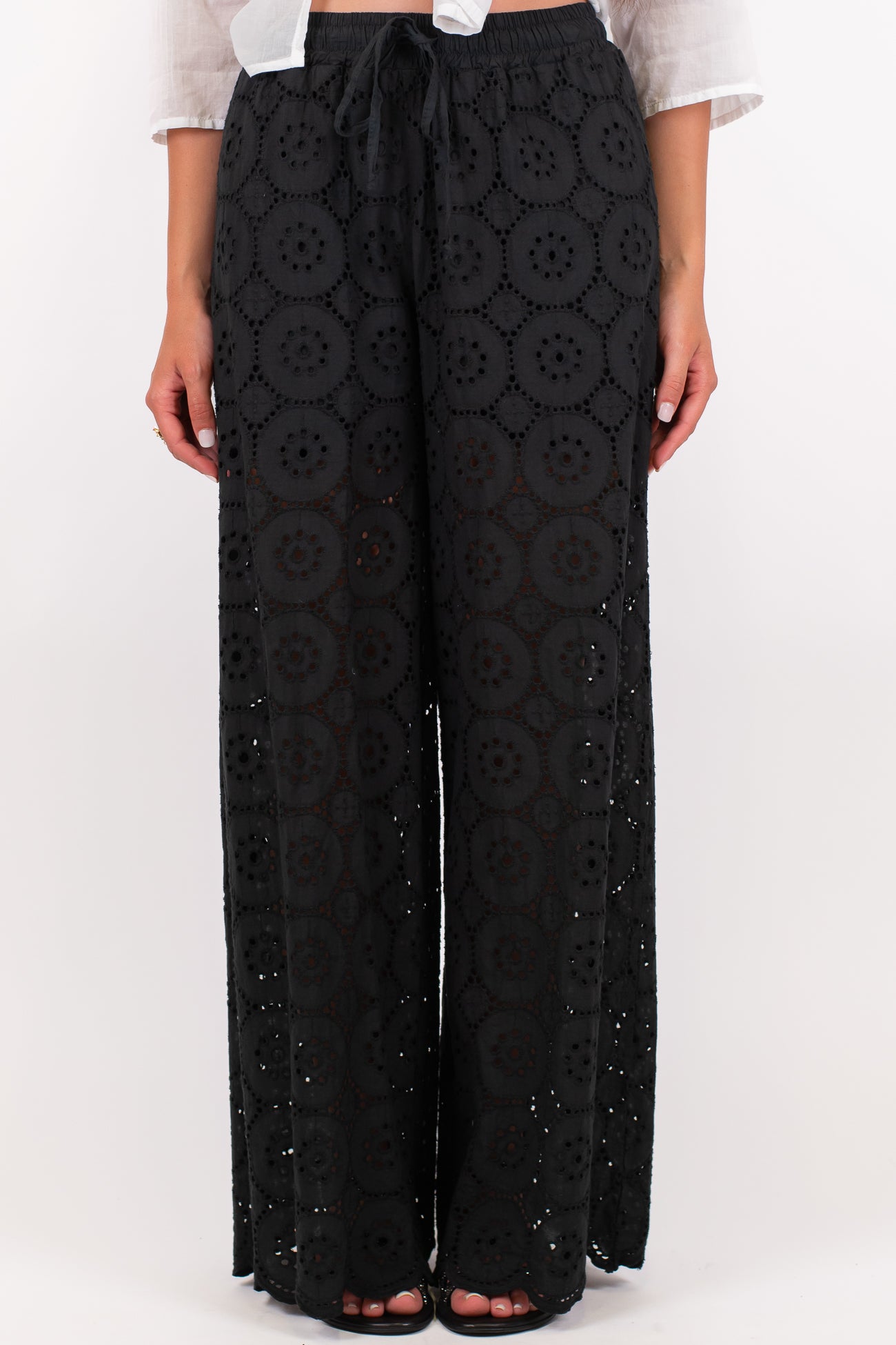 Haveone - Pantalone palazzo in pizzo sangallo con coulisse