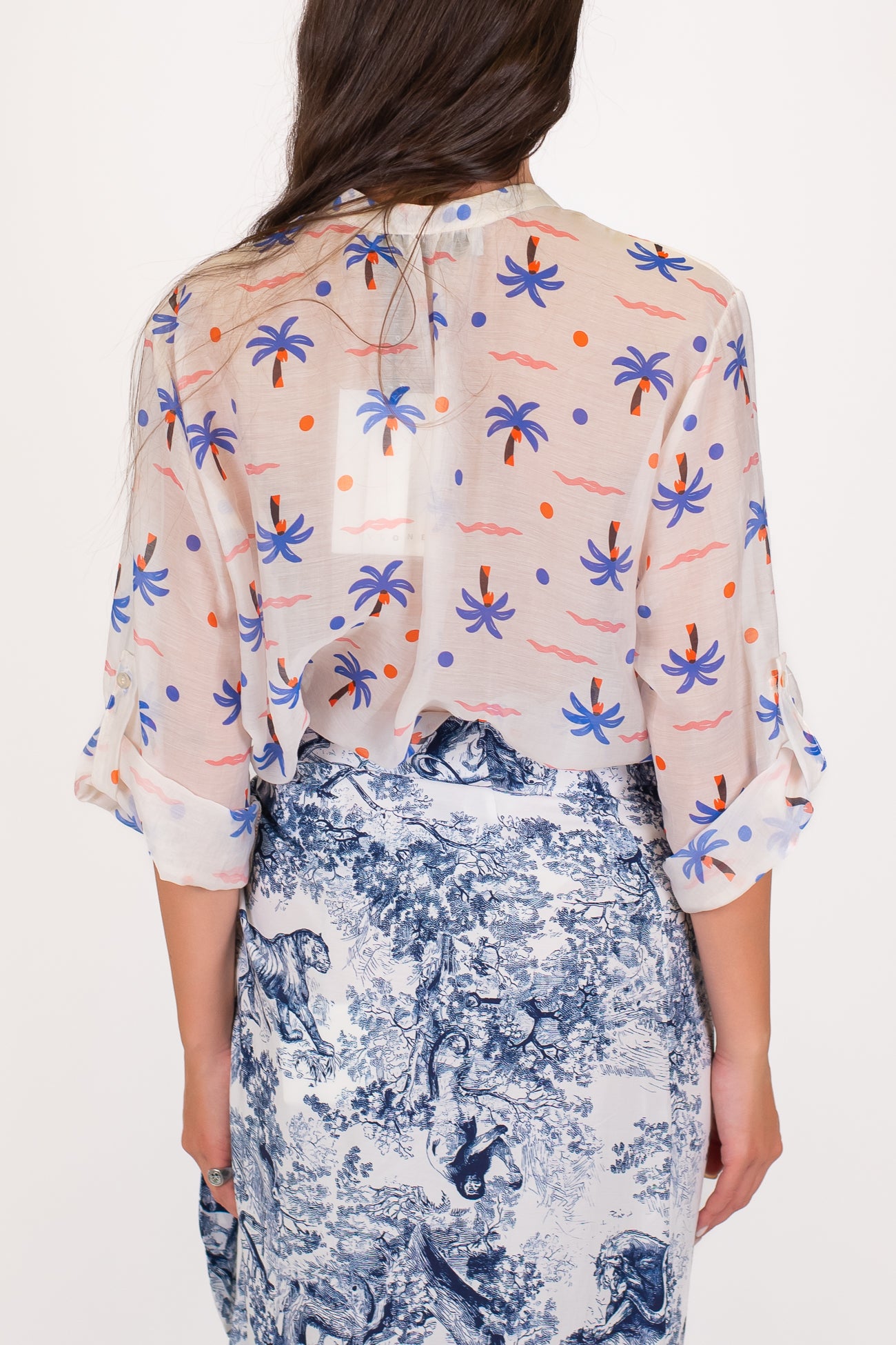 Haveone - Camicia collo coreana in lyocell fantasia palme