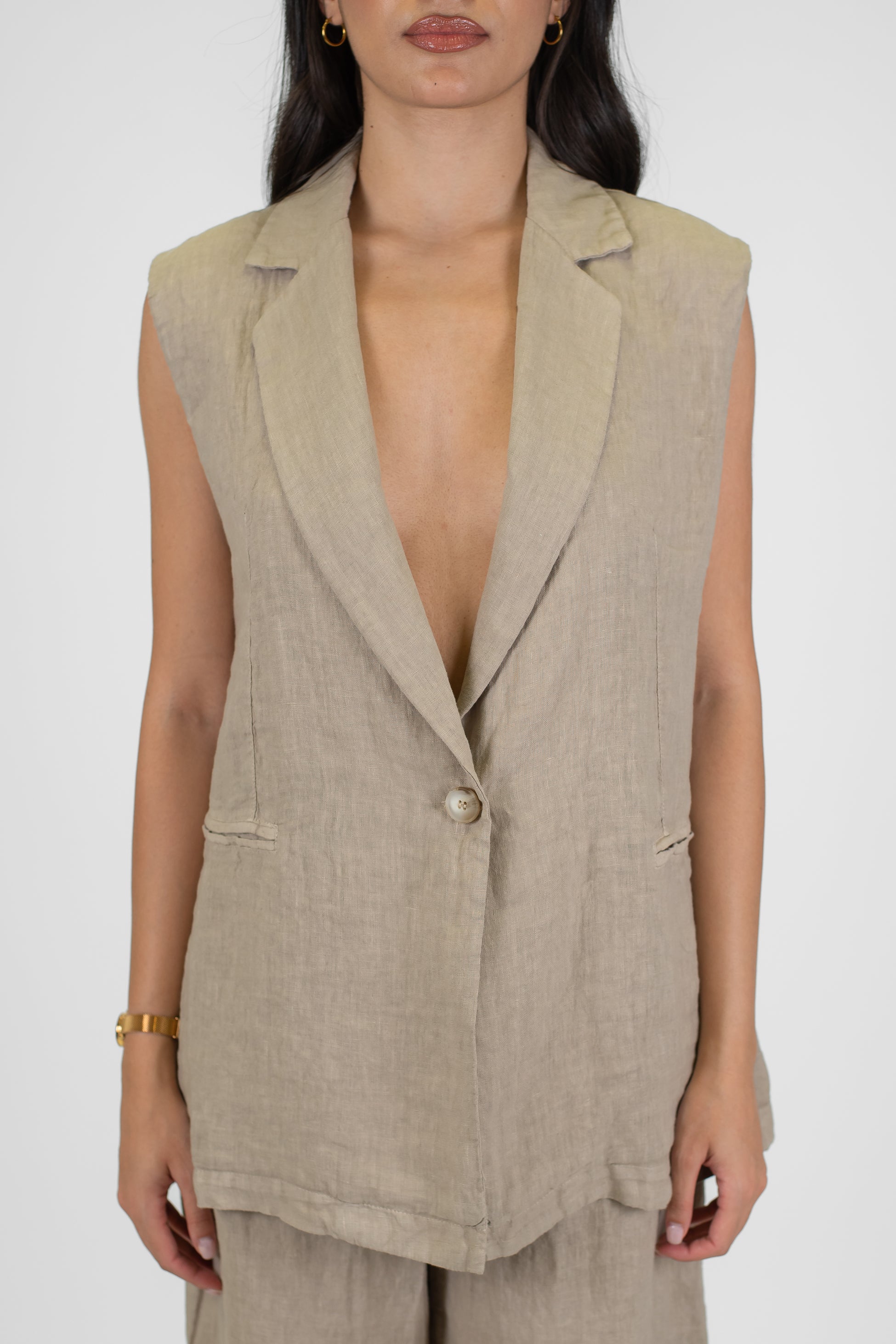 Haveone - Gilet lungo in puro lino con chiusura ad un bottone