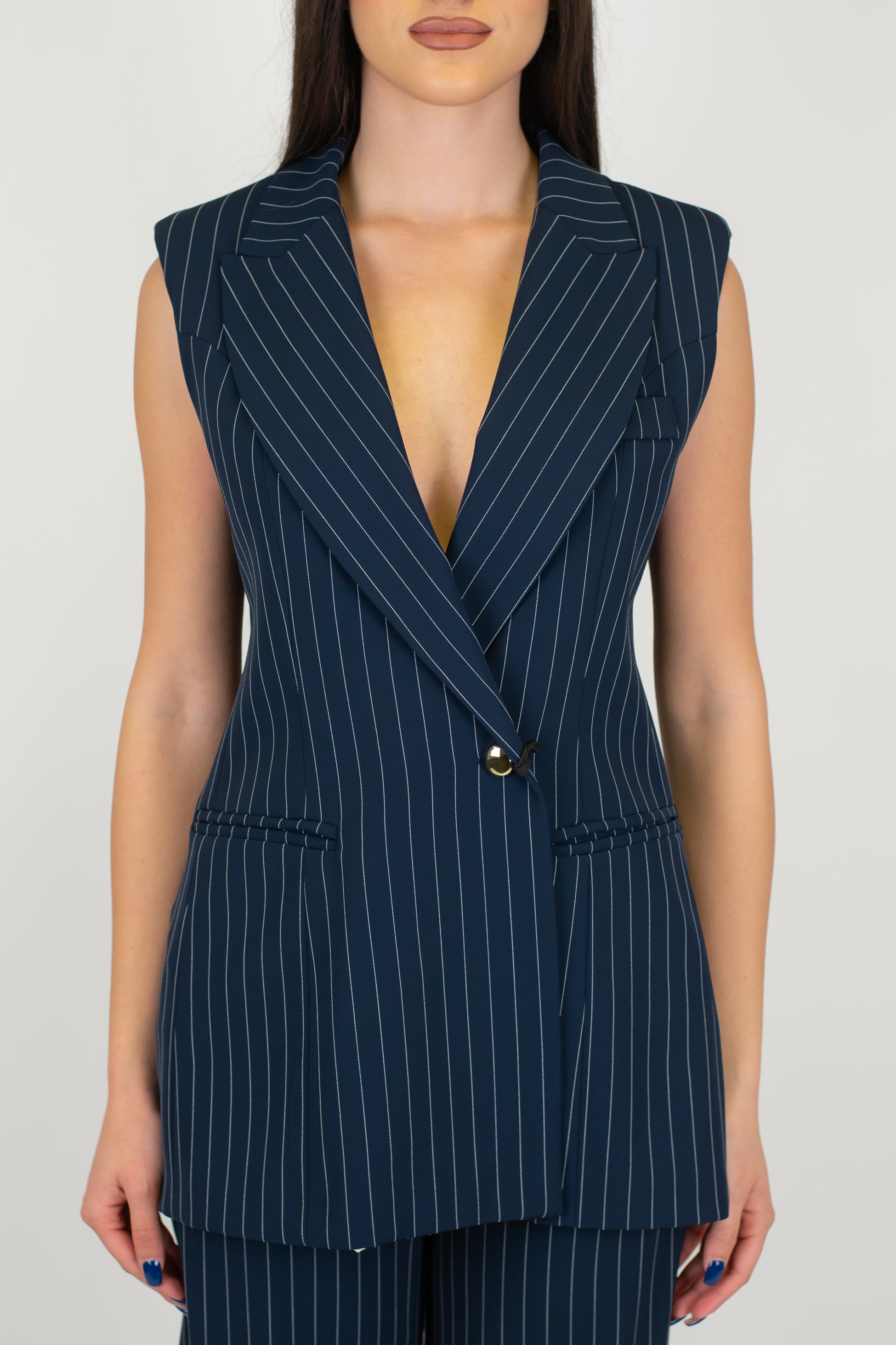 Maryley - Gilet lungo doppiopetto gessato con spalline