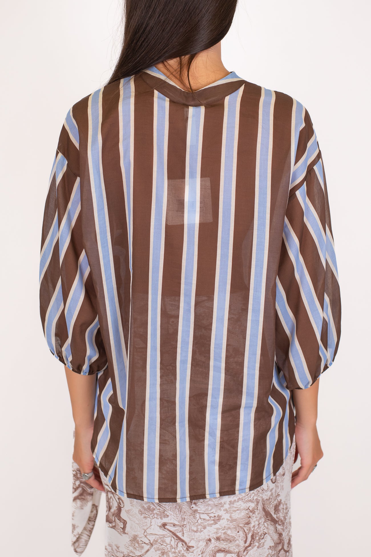 Tensione in - Camicia fantasia righe a contrasto in mussola di cotone con collo coreano