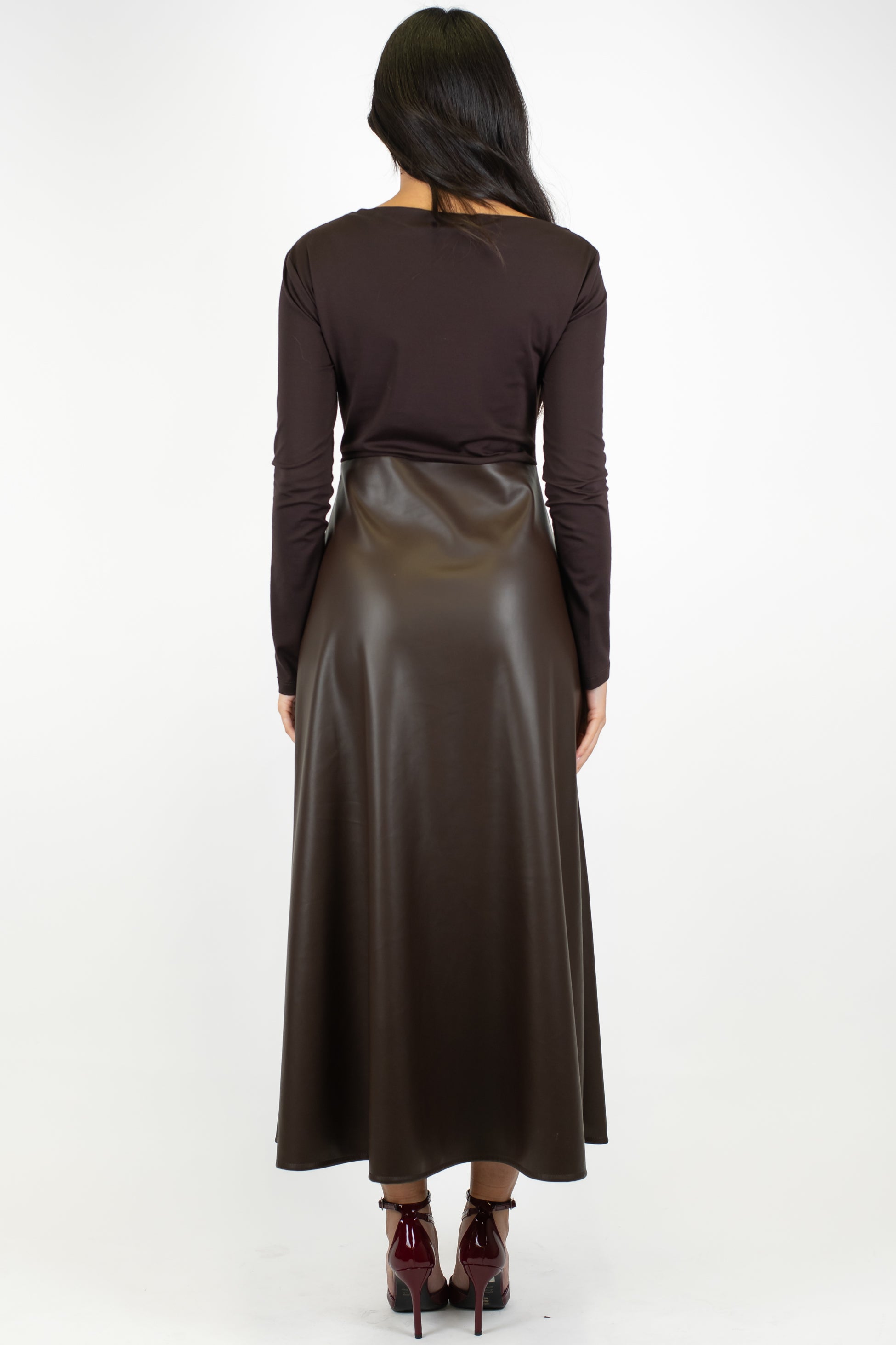 Imperial - Abito lungo scollo a barca con gonna in ecopelle
