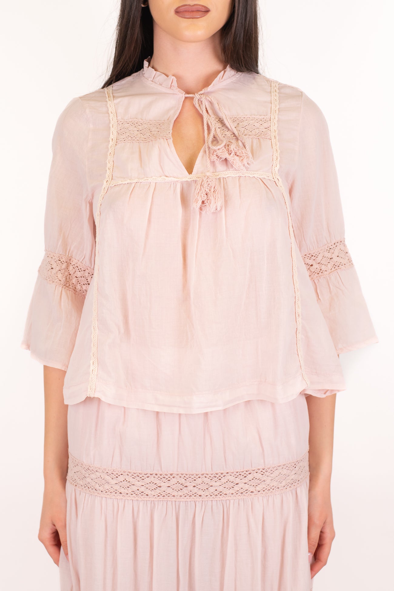 Haveone - Camicia in mussola di cotone con ricami in pizzo sangallo e manica tre quarti