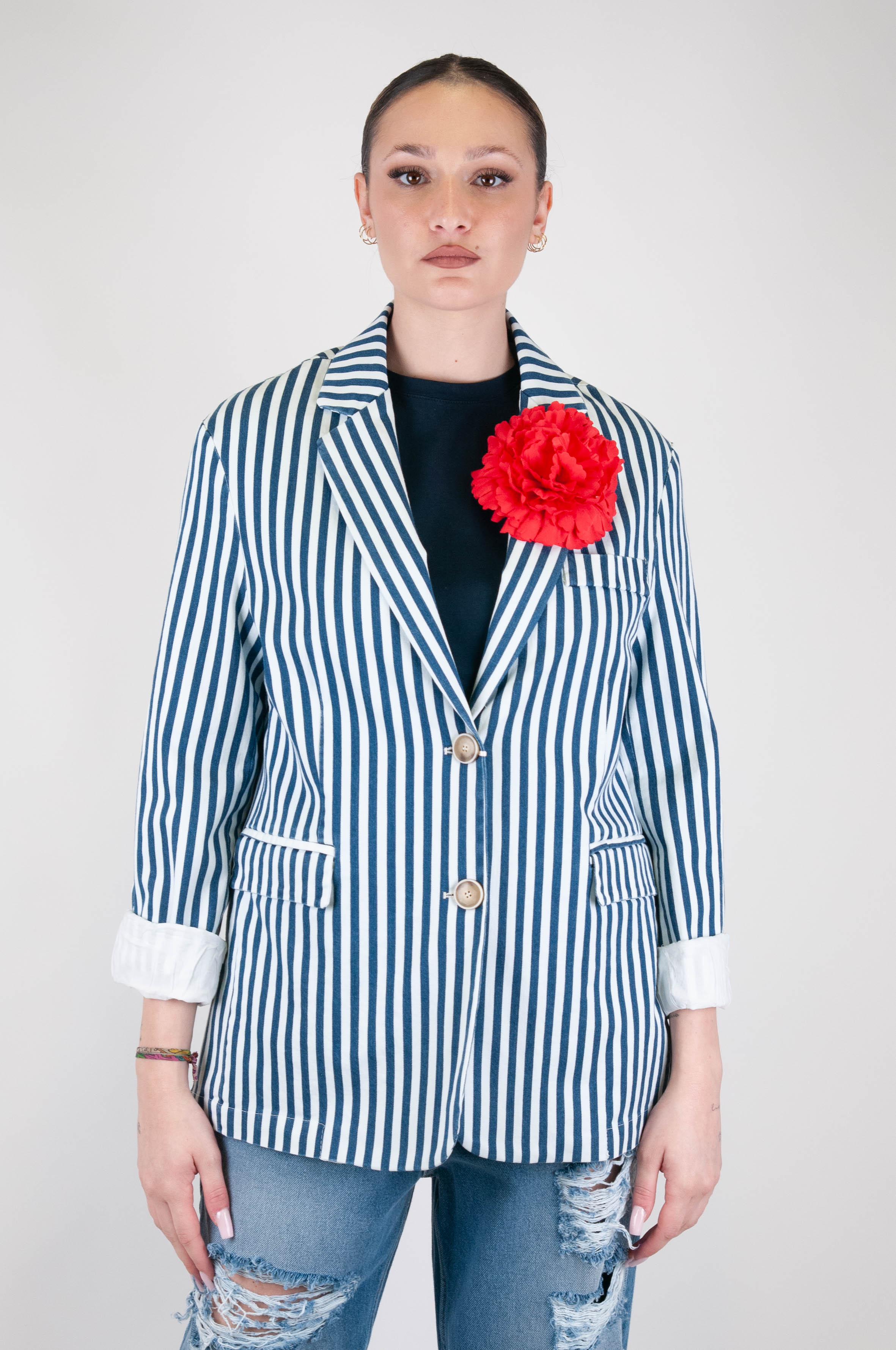 Maryley - Striped single-breasted jacket with flower brooch