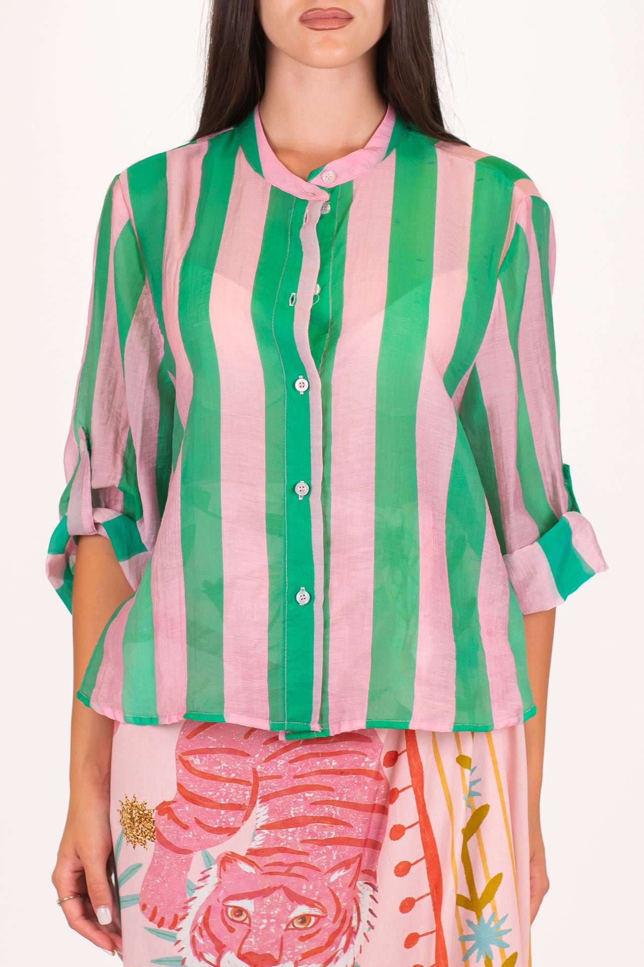 Haveone - Camicia fantasia a righe a contrasto in lyocell con manica tre quarti