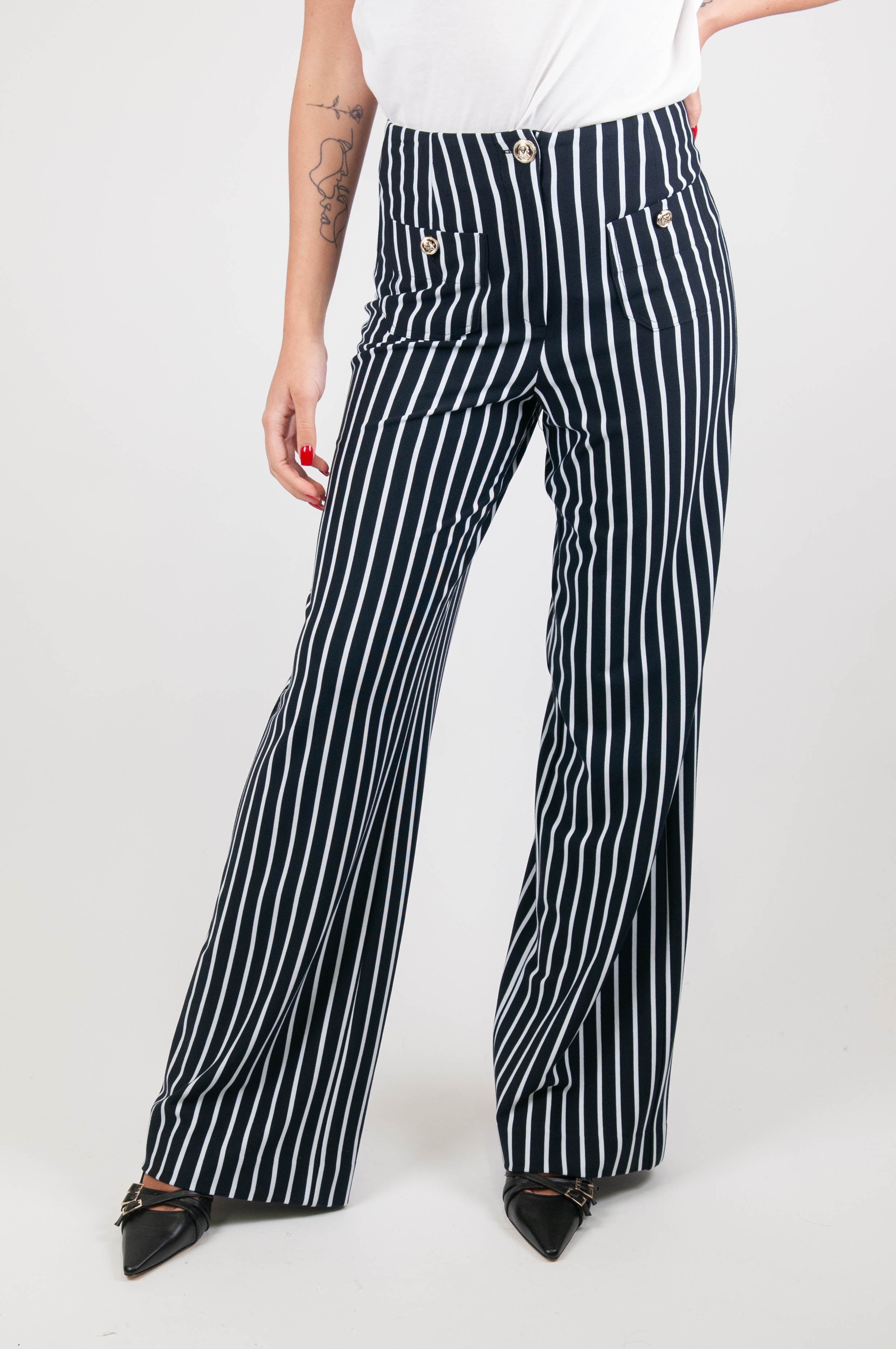 Tension in - Striped palazzo trousers with front pockets and buttons