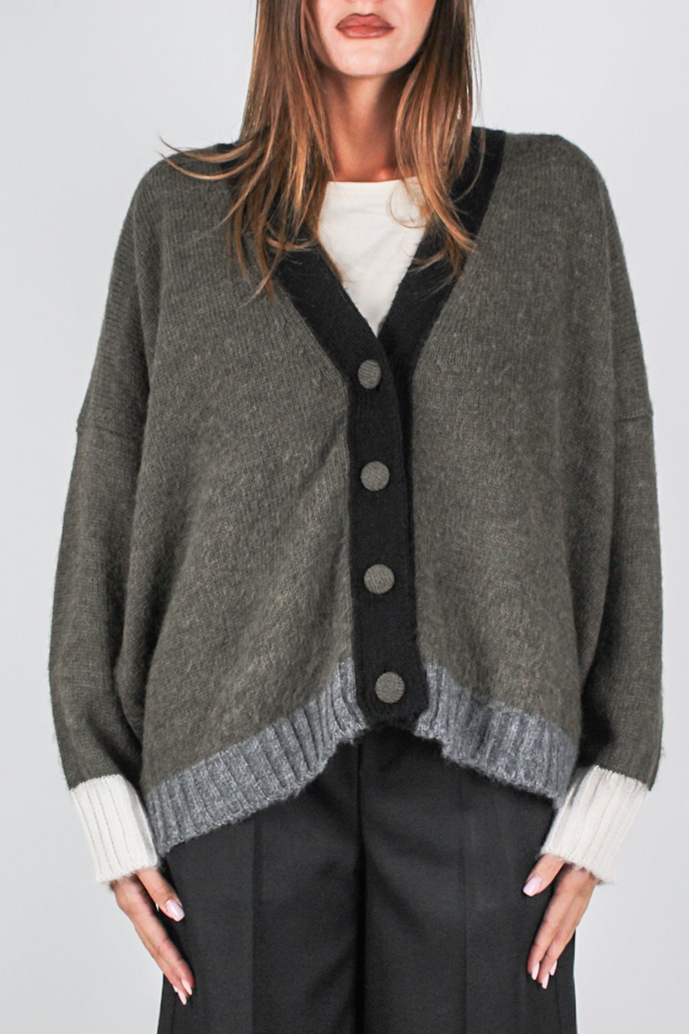 Maryley - Cardigan con profilo a contrasto in misto lana