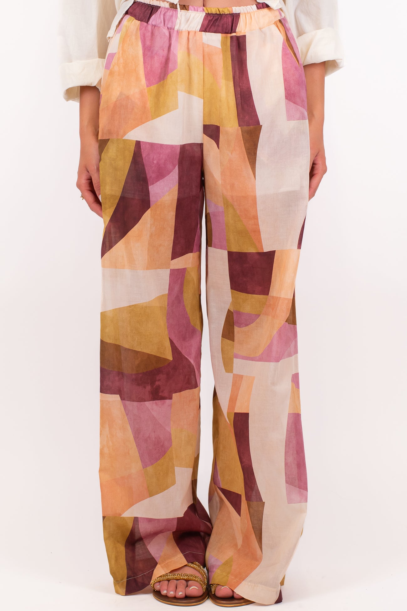 Maryley - Pantalone palazzo fantasia in mussola di cotone con elastico in vita