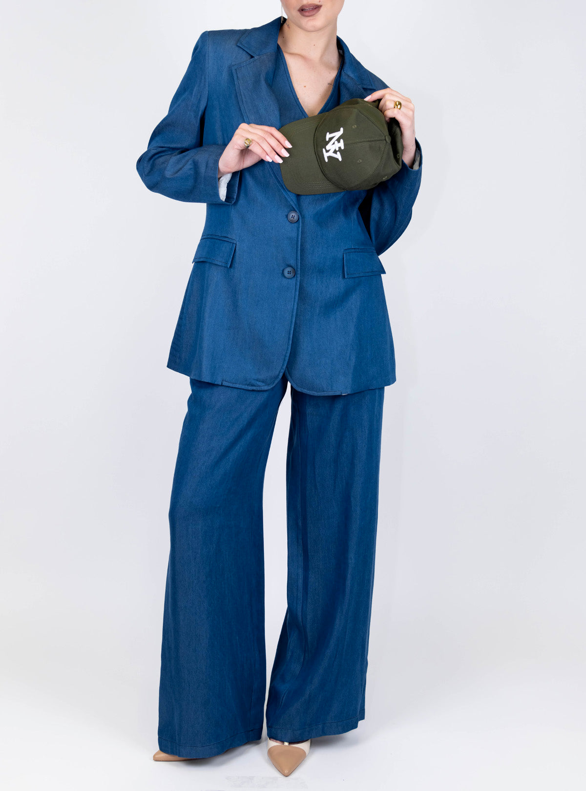 Tensione in - Giacca monopetto effetto denim con cappellino abbinato