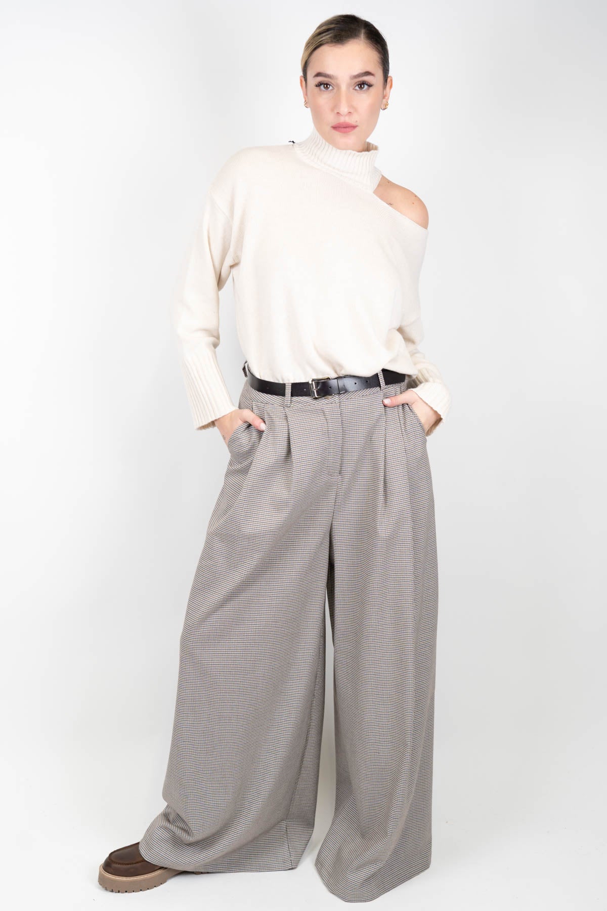 Haveone - Pantalone palazzo con pinces fantasia micro pied de poule