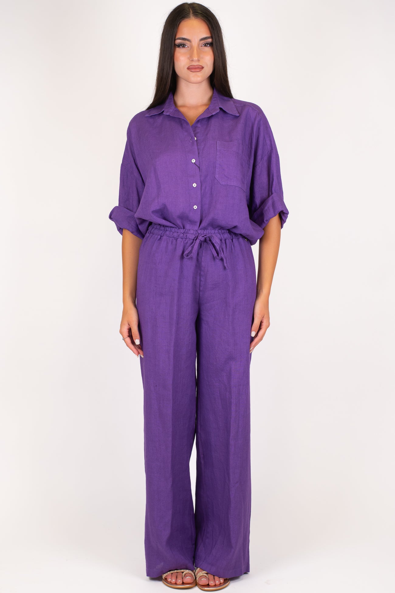 Dixie - Coordinato in puro lino camicia con taschino e pantalone palazzo con coulisse