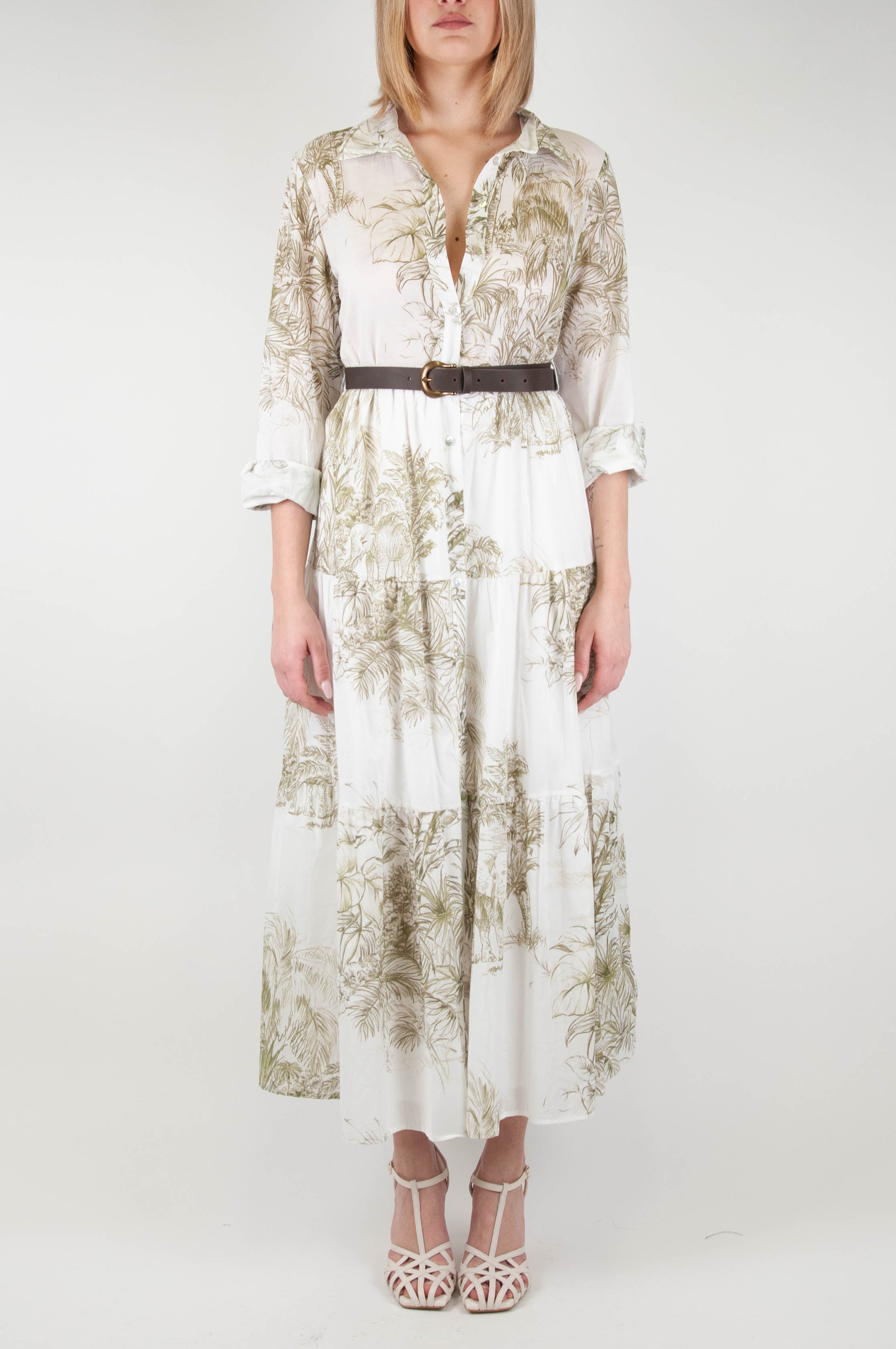 Tension in - Nature patterned shirtdress in cotton muslin with flounces