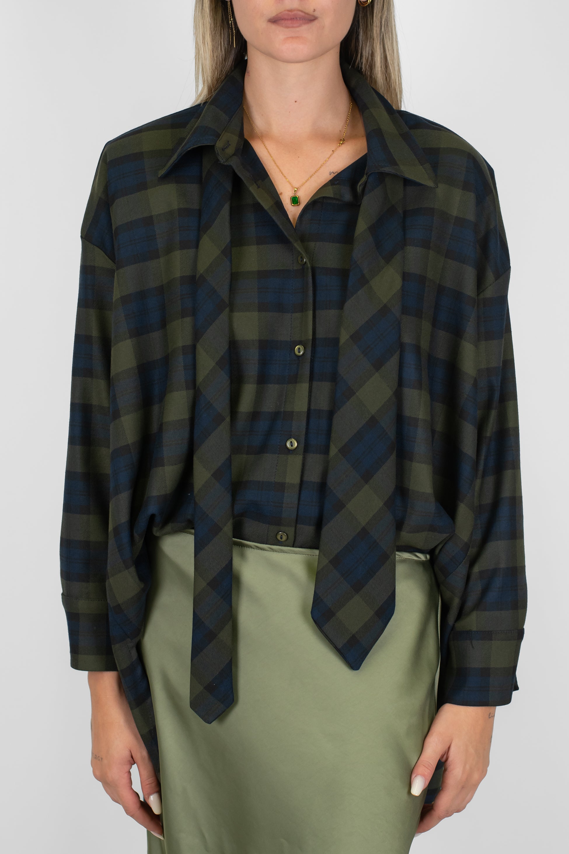 Motel - Camicia fantasia check con cravatta al collo